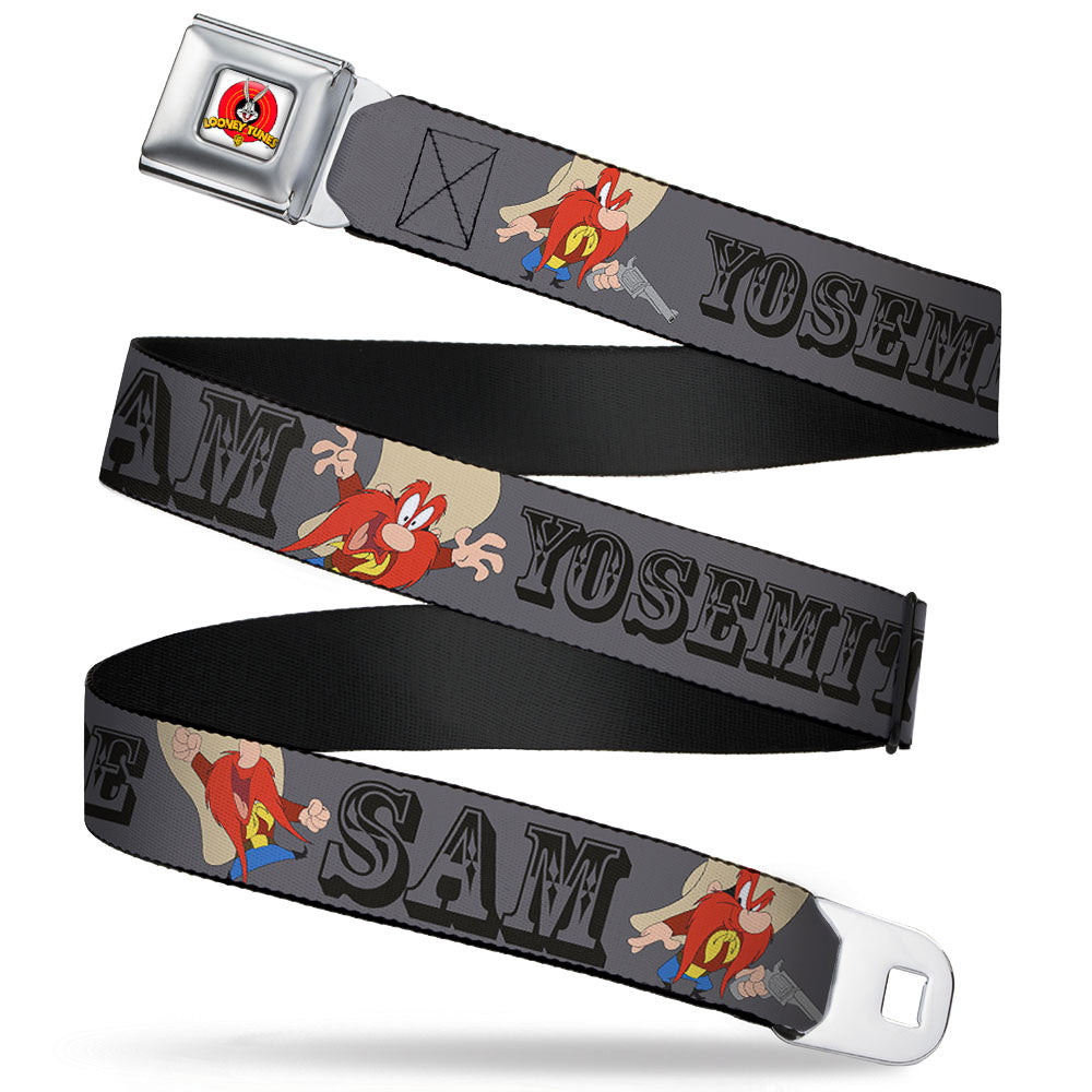 Looney Tunes Logo Full Color White Seatbelt Belt - YOSEMITE SAM w/Poses Gray Webbing Seatbelt Belts Looney Tunes