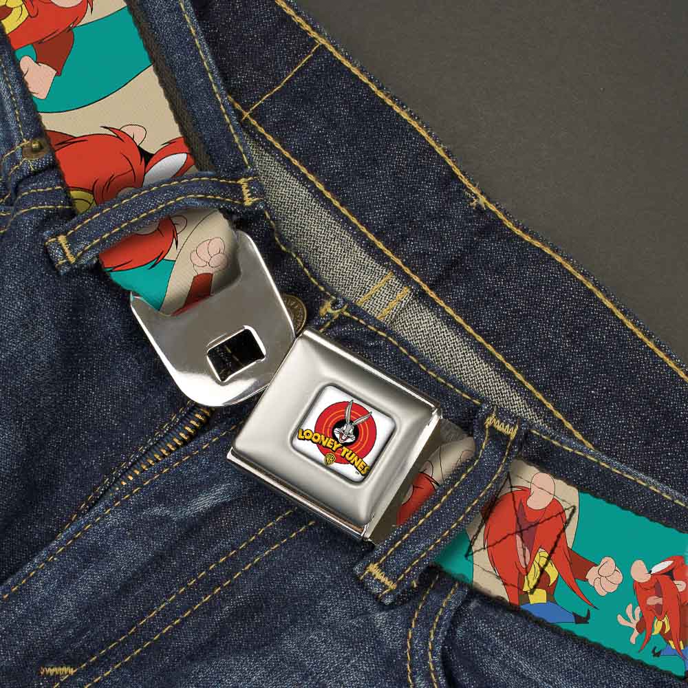 Looney Tunes Logo Full Color White Seatbelt Belt - Yosemite Sam Poses Turquoise Webbing Seatbelt Belts Looney Tunes