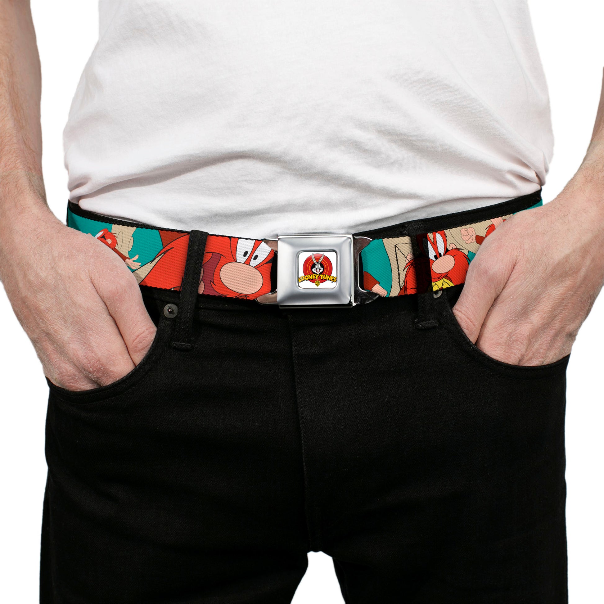 Looney Tunes Logo Full Color White Seatbelt Belt - Yosemite Sam Poses Turquoise Webbing Seatbelt Belts Looney Tunes