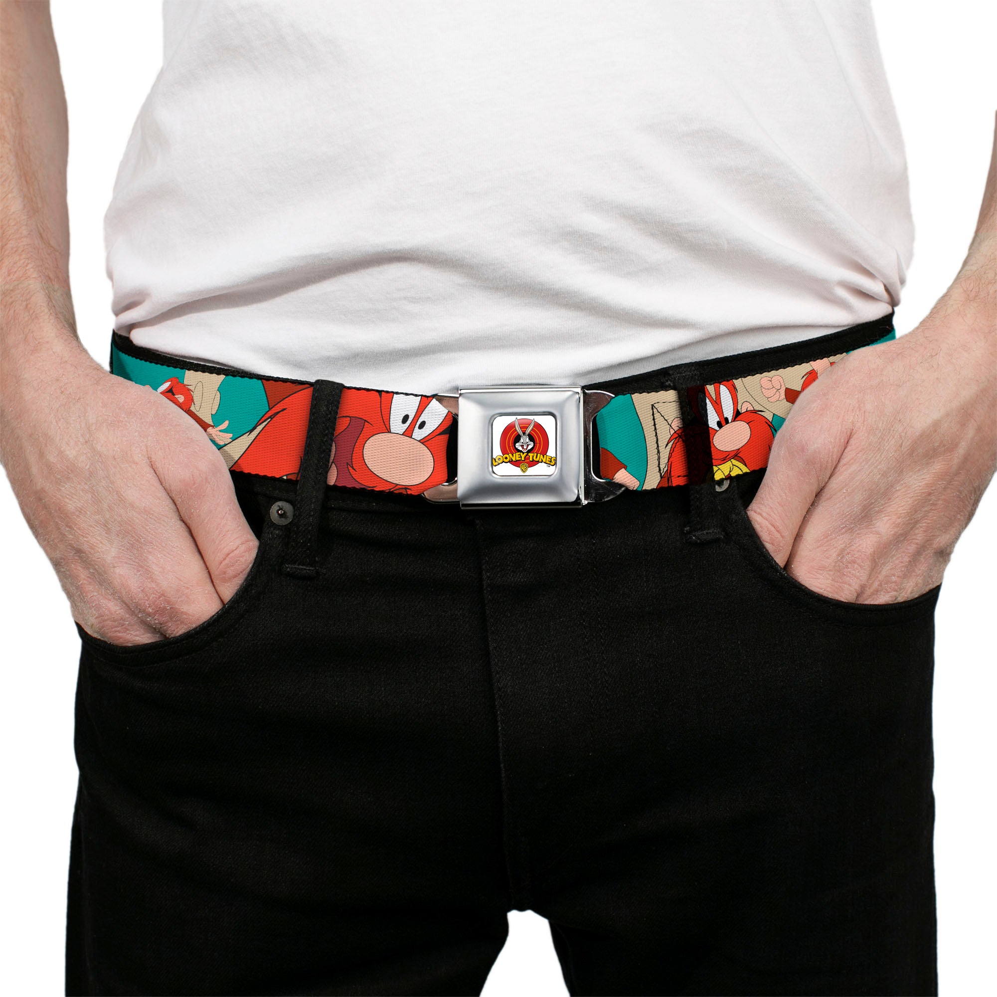 Looney Tunes Logo Full Color White Seatbelt Belt - Yosemite Sam Poses Turquoise Webbing Seatbelt Belts Looney Tunes