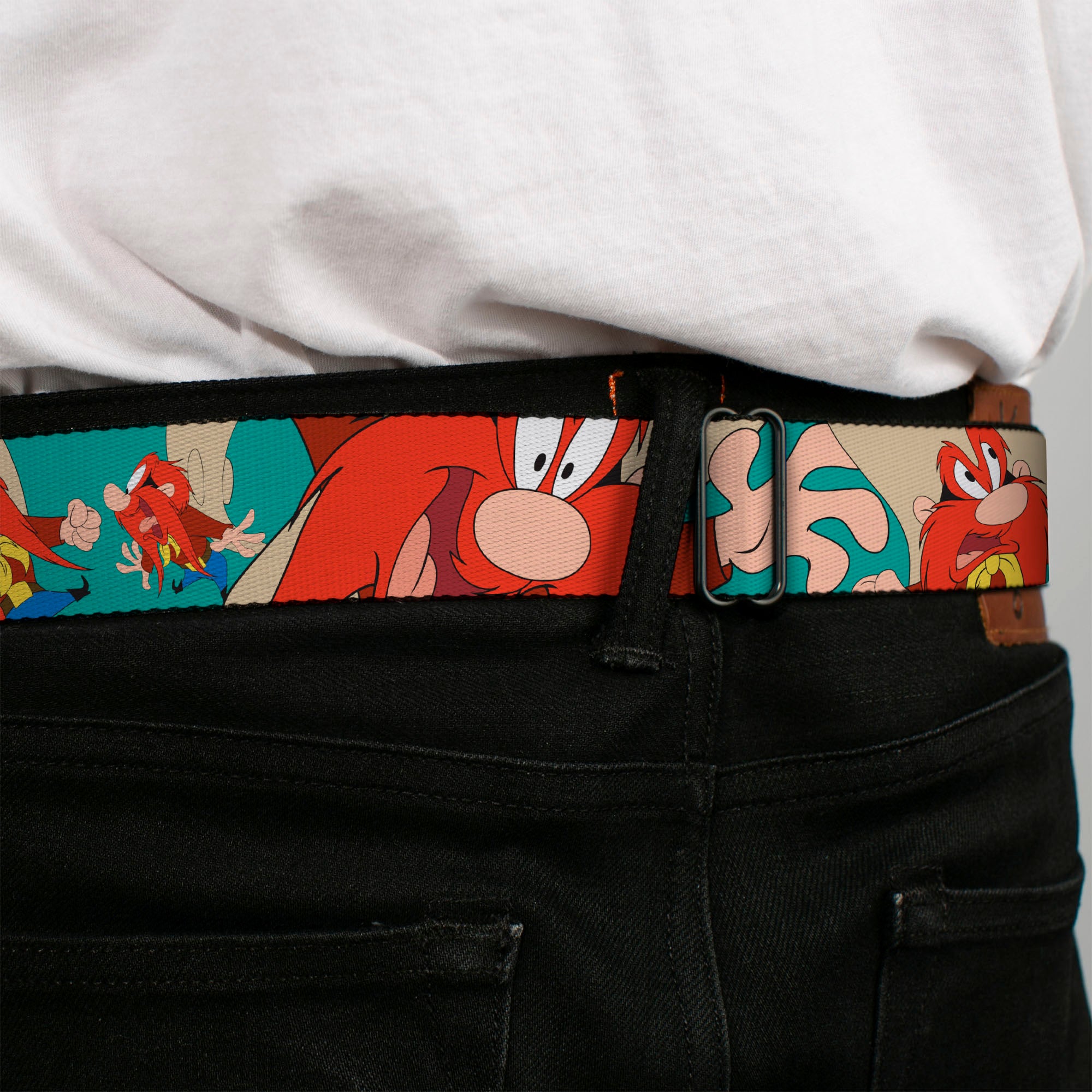 Looney Tunes Logo Full Color White Seatbelt Belt - Yosemite Sam Poses Turquoise Webbing Seatbelt Belts Looney Tunes