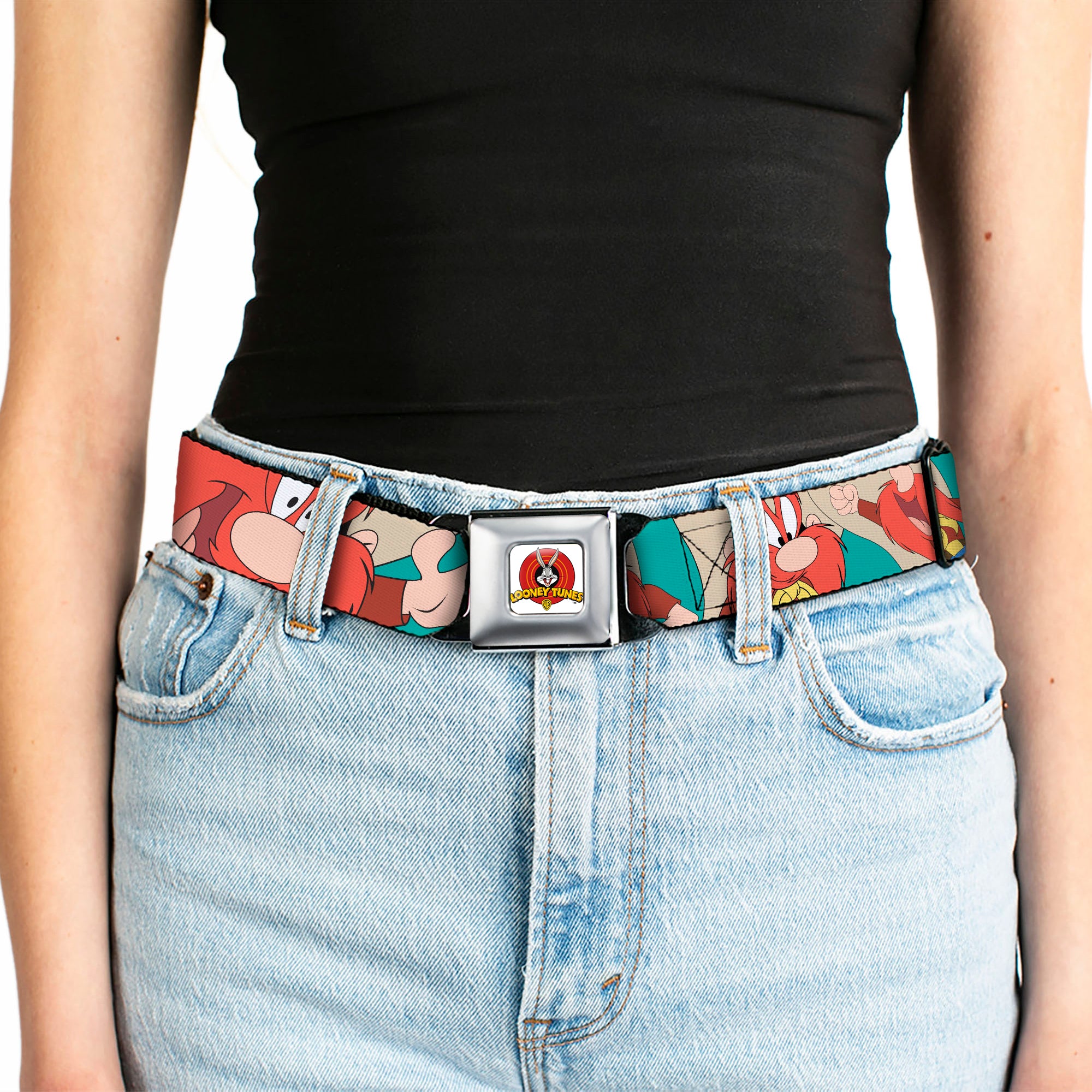 Looney Tunes Logo Full Color White Seatbelt Belt - Yosemite Sam Poses Turquoise Webbing Seatbelt Belts Looney Tunes