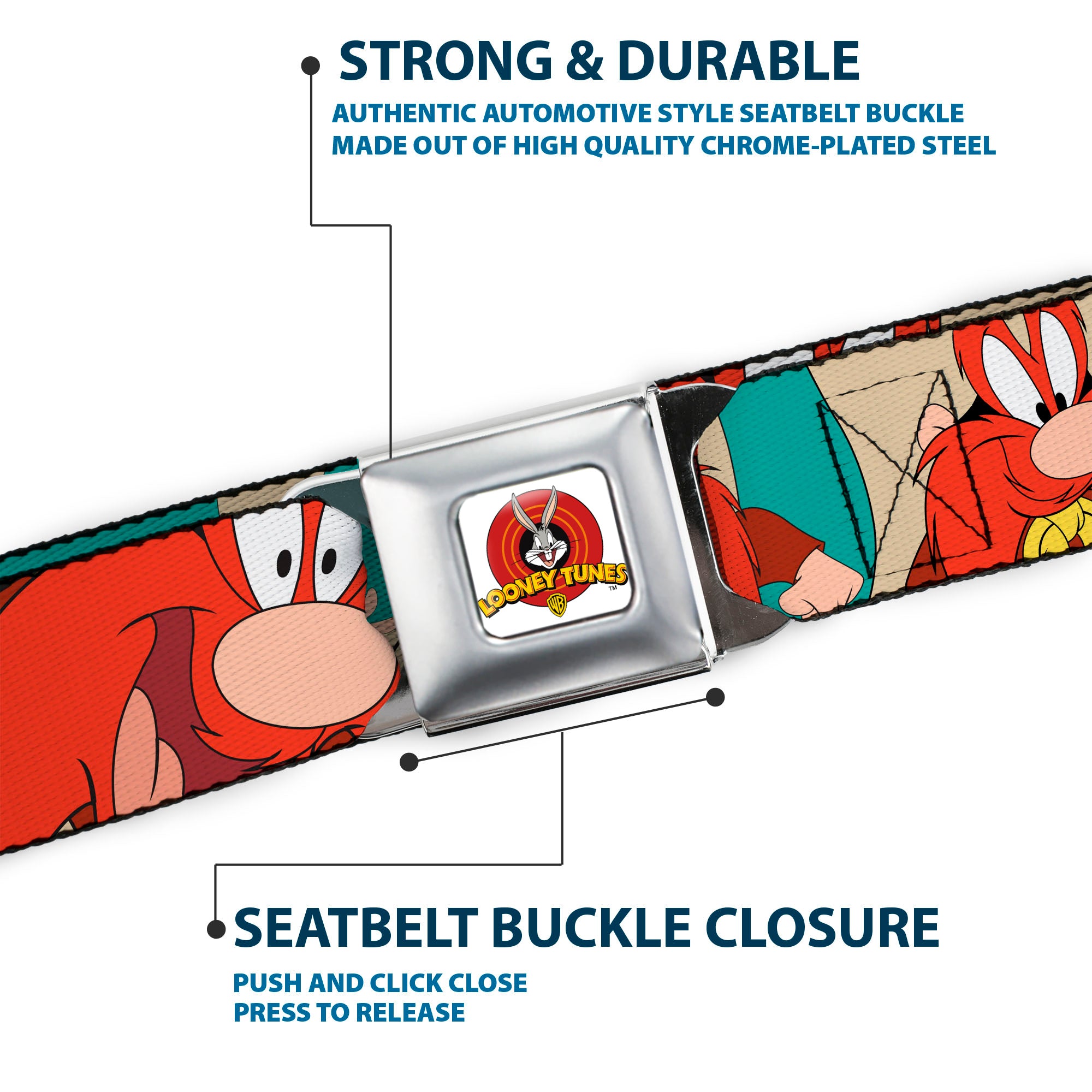 Looney Tunes Logo Full Color White Seatbelt Belt - Yosemite Sam Poses Turquoise Webbing Seatbelt Belts Looney Tunes