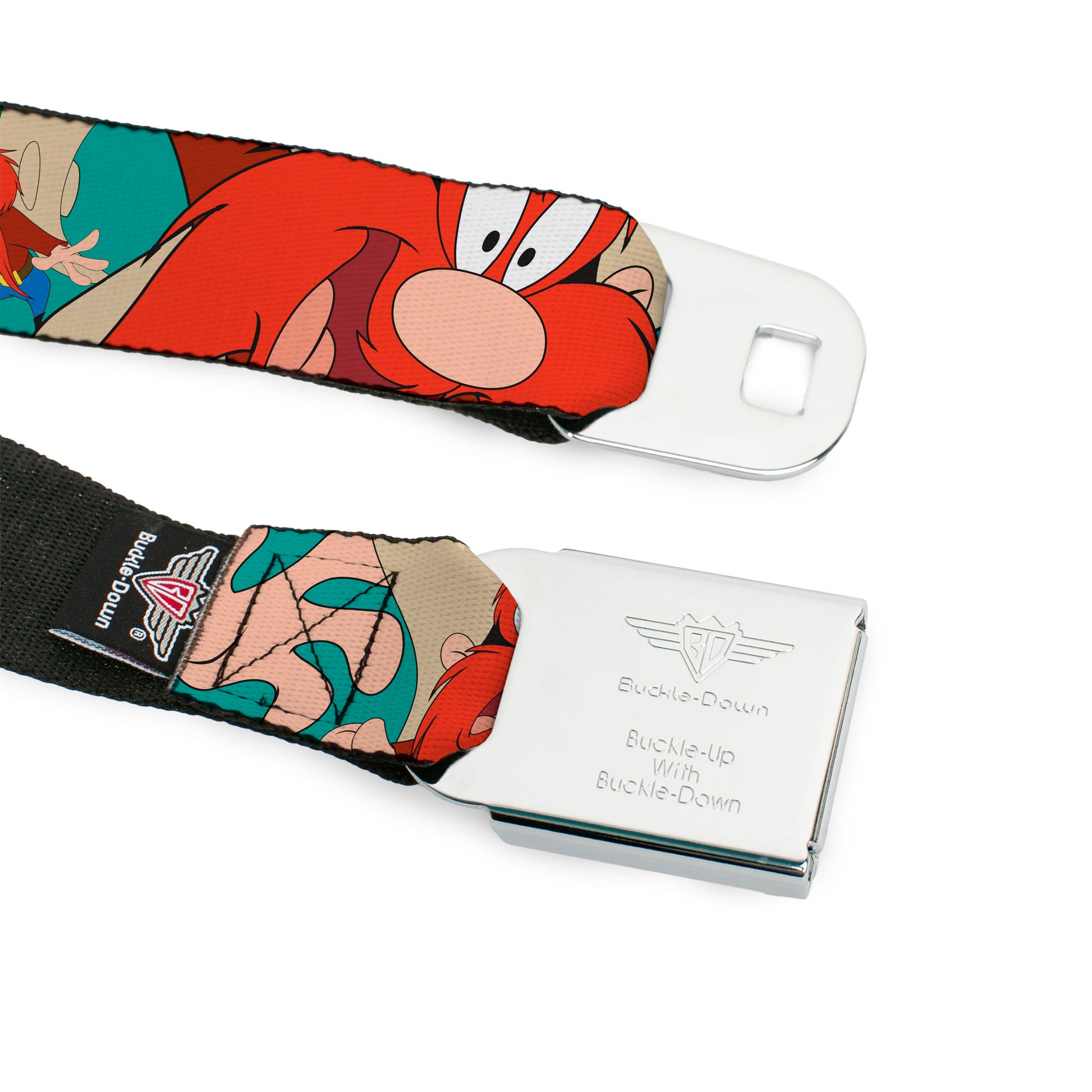 Looney Tunes Logo Full Color White Seatbelt Belt - Yosemite Sam Poses Turquoise Webbing Seatbelt Belts Looney Tunes