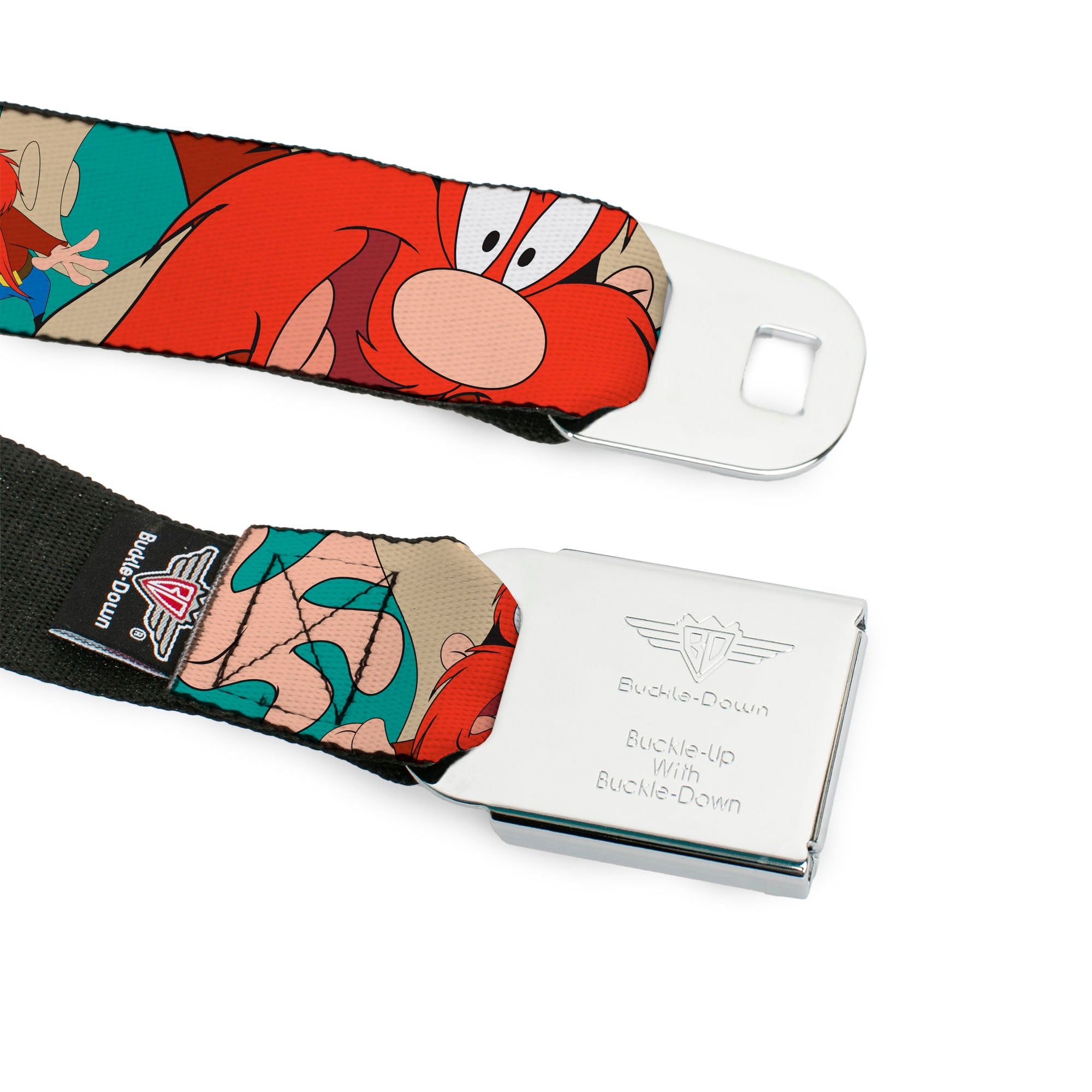 Looney Tunes Logo Full Color White Seatbelt Belt - Yosemite Sam Poses Turquoise Webbing Seatbelt Belts Looney Tunes
