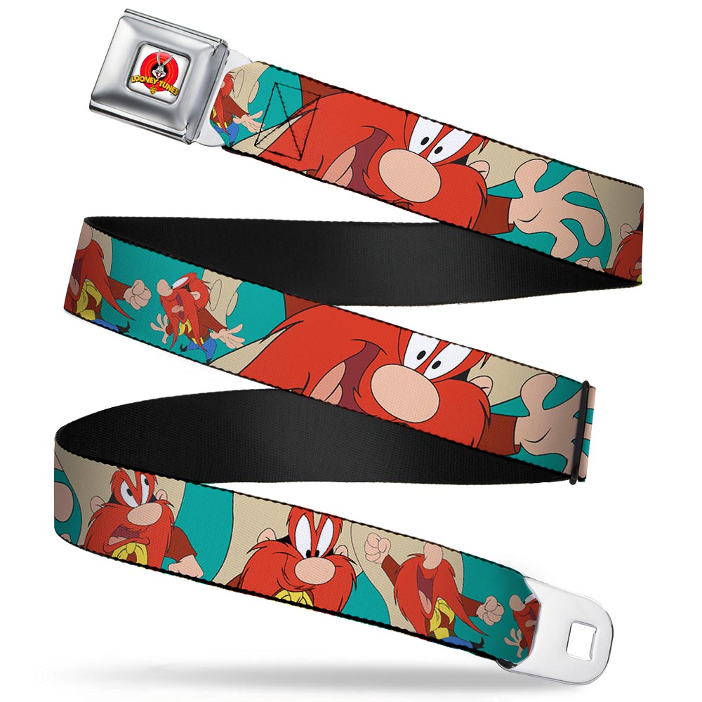 Looney Tunes Logo Full Color White Seatbelt Belt - Yosemite Sam Poses Turquoise Webbing Seatbelt Belts Looney Tunes