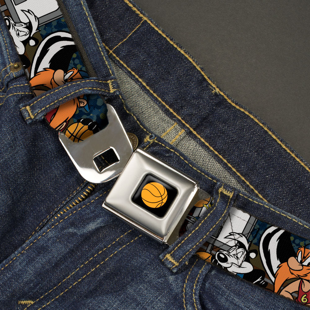 Looney Tunes Basketball Full Color Black Seatbelt Belt - Looney Tunes Basketball 11-Players/2-Referees Group Pose Blues Webbing Seatbelt Belts Looney Tunes