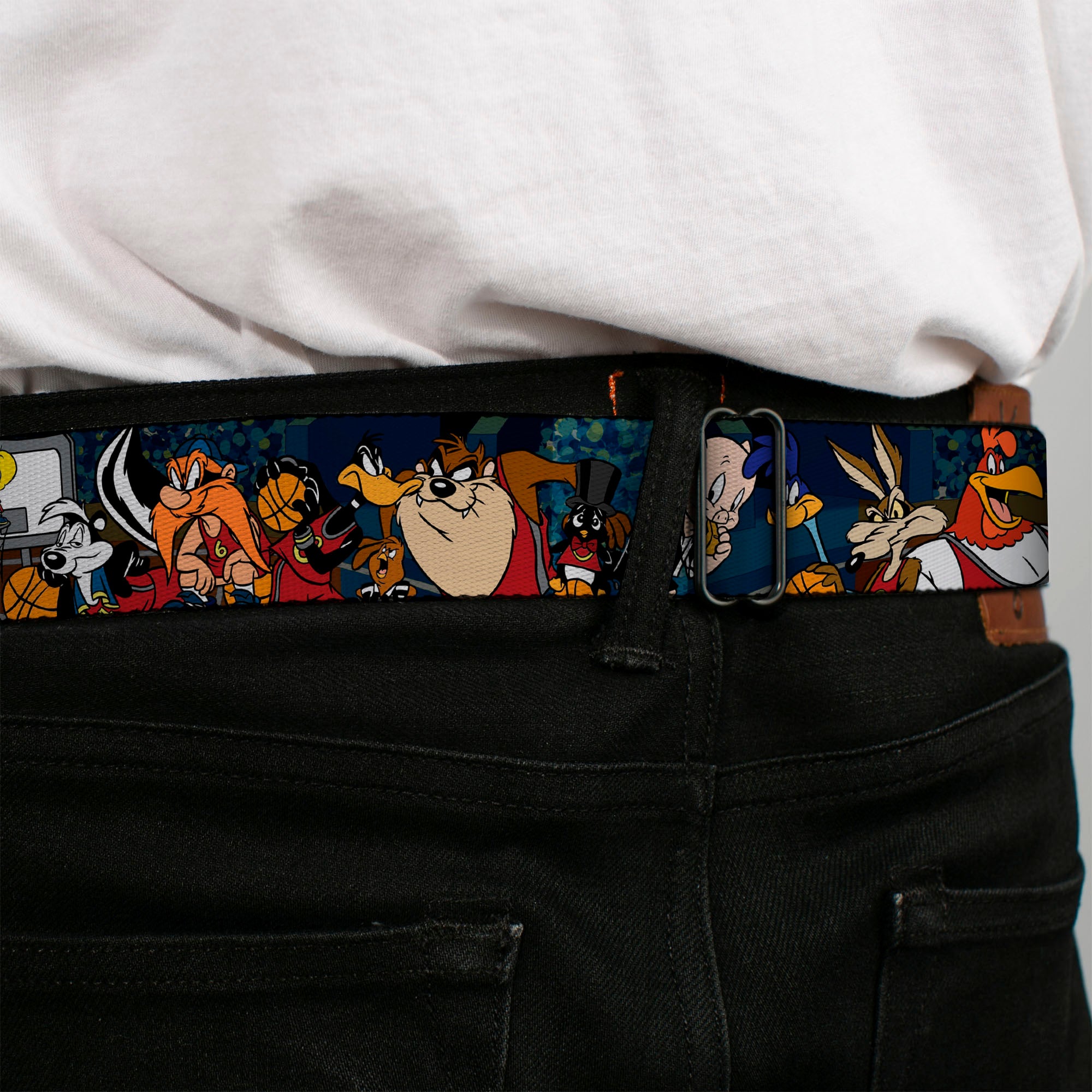 Looney Tunes Basketball Full Color Black Seatbelt Belt - Looney Tunes Basketball 11-Players/2-Referees Group Pose Blues Webbing Seatbelt Belts Looney Tunes