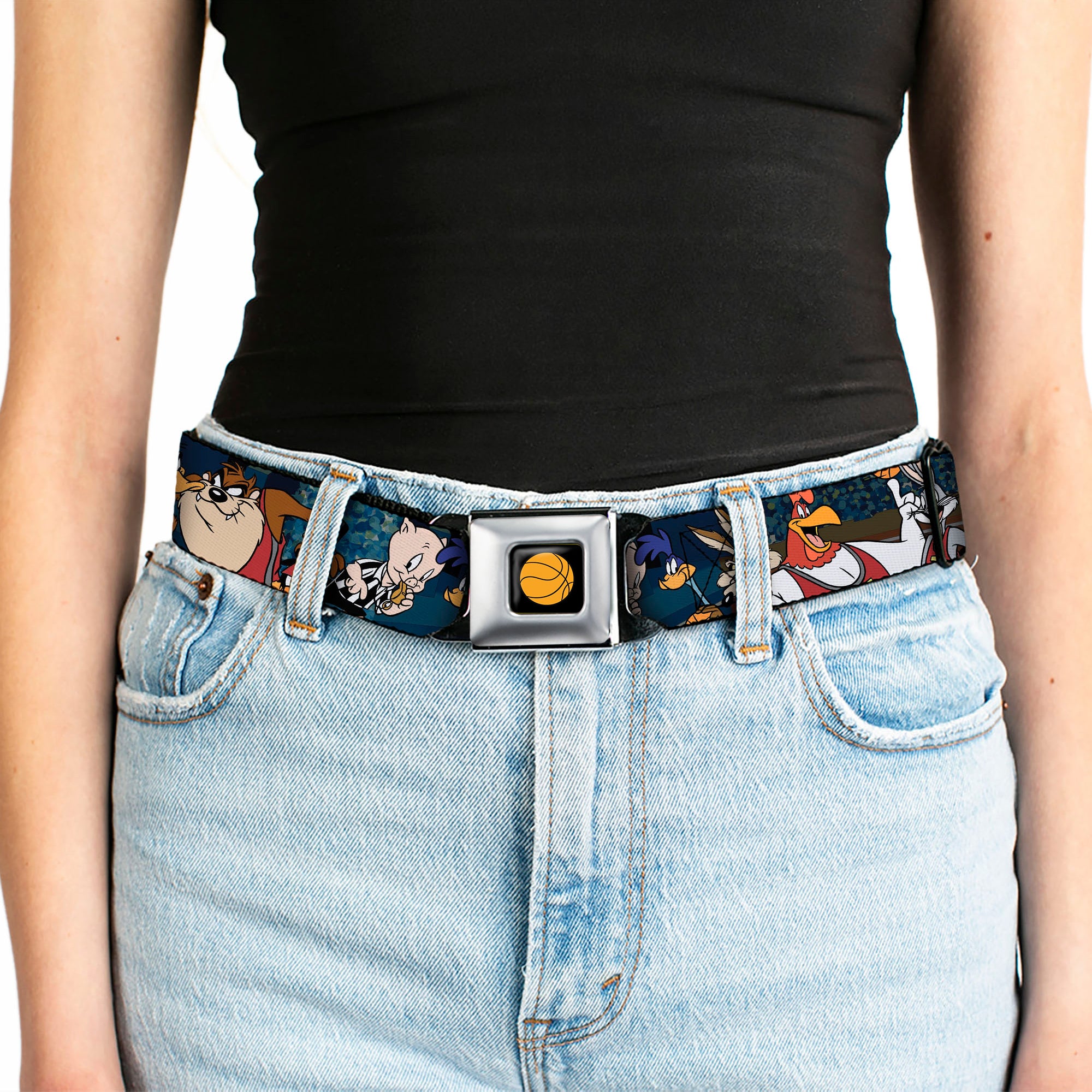 Looney Tunes Basketball Full Color Black Seatbelt Belt - Looney Tunes Basketball 11-Players/2-Referees Group Pose Blues Webbing Seatbelt Belts Looney Tunes