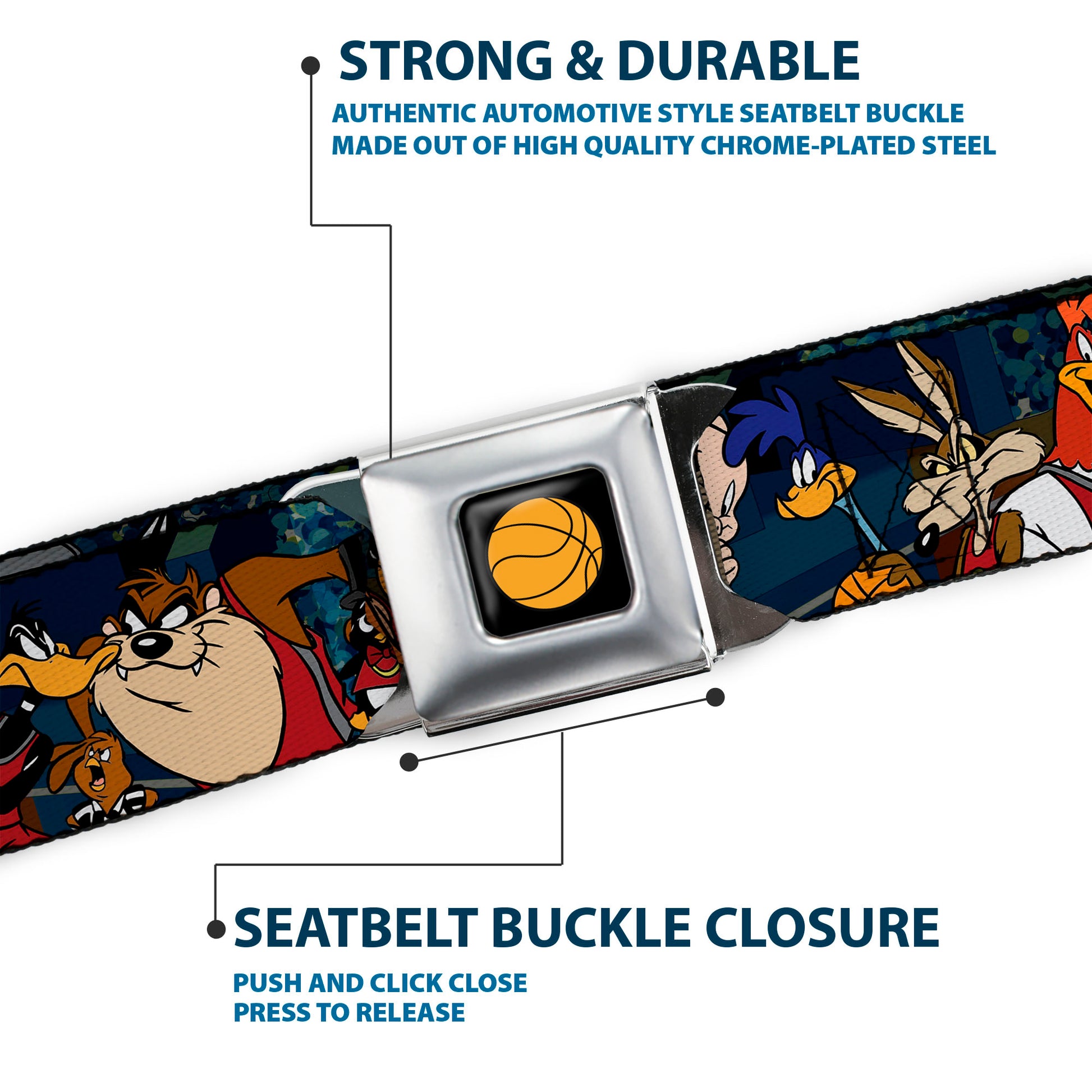 Looney Tunes Basketball Full Color Black Seatbelt Belt - Looney Tunes Basketball 11-Players/2-Referees Group Pose Blues Webbing Seatbelt Belts Looney Tunes