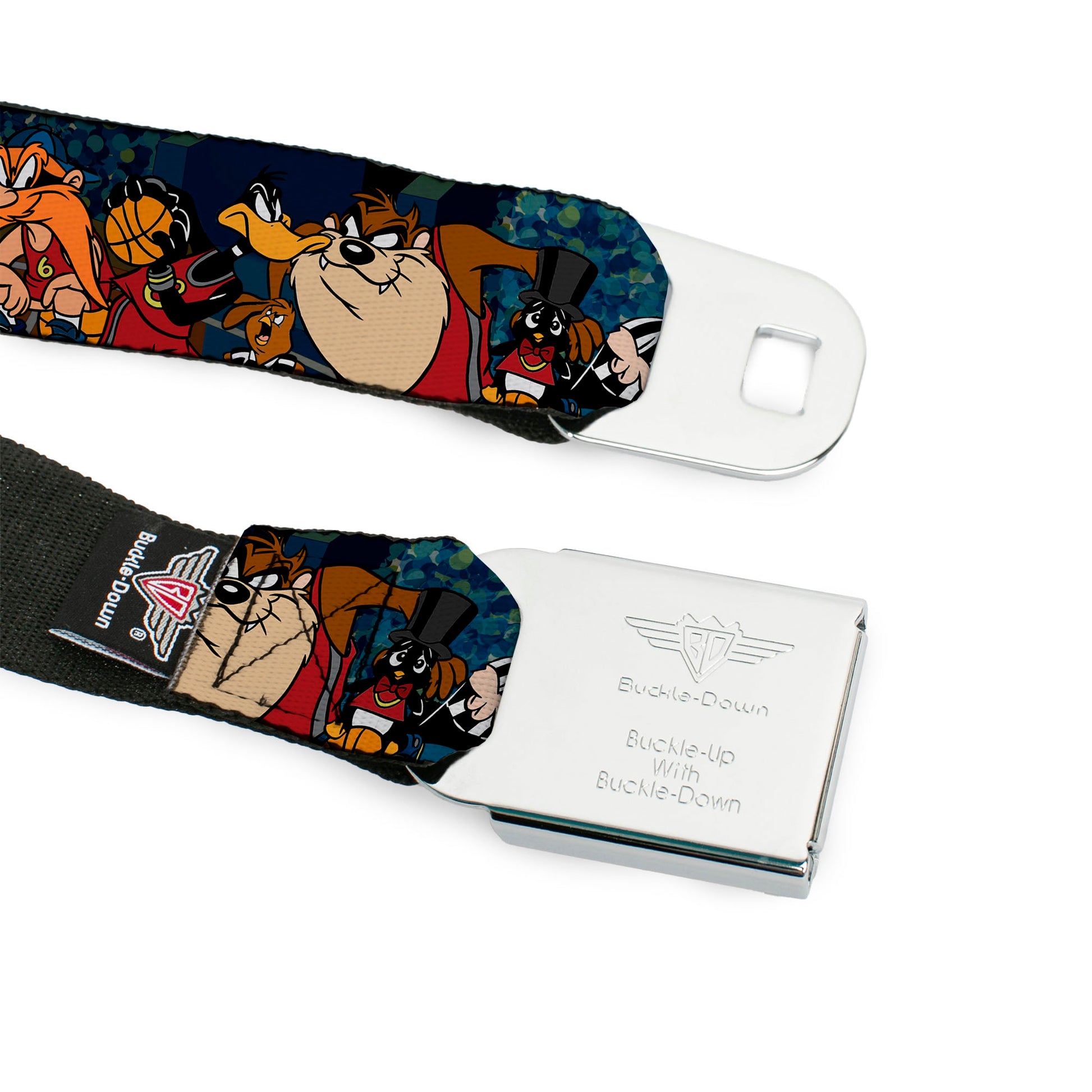 Looney Tunes Basketball Full Color Black Seatbelt Belt - Looney Tunes Basketball 11-Players/2-Referees Group Pose Blues Webbing Seatbelt Belts Looney Tunes