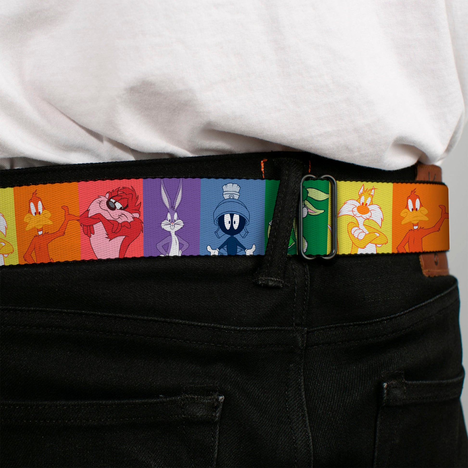 Looney Tunes THAT'S ALL FOLKS Script Full Color White/Multi Color Seatbelt Belt - Looney Tunes 6-Character Pose Pride Blocks Multi Color Webbing Seatbelt Belts Looney Tunes