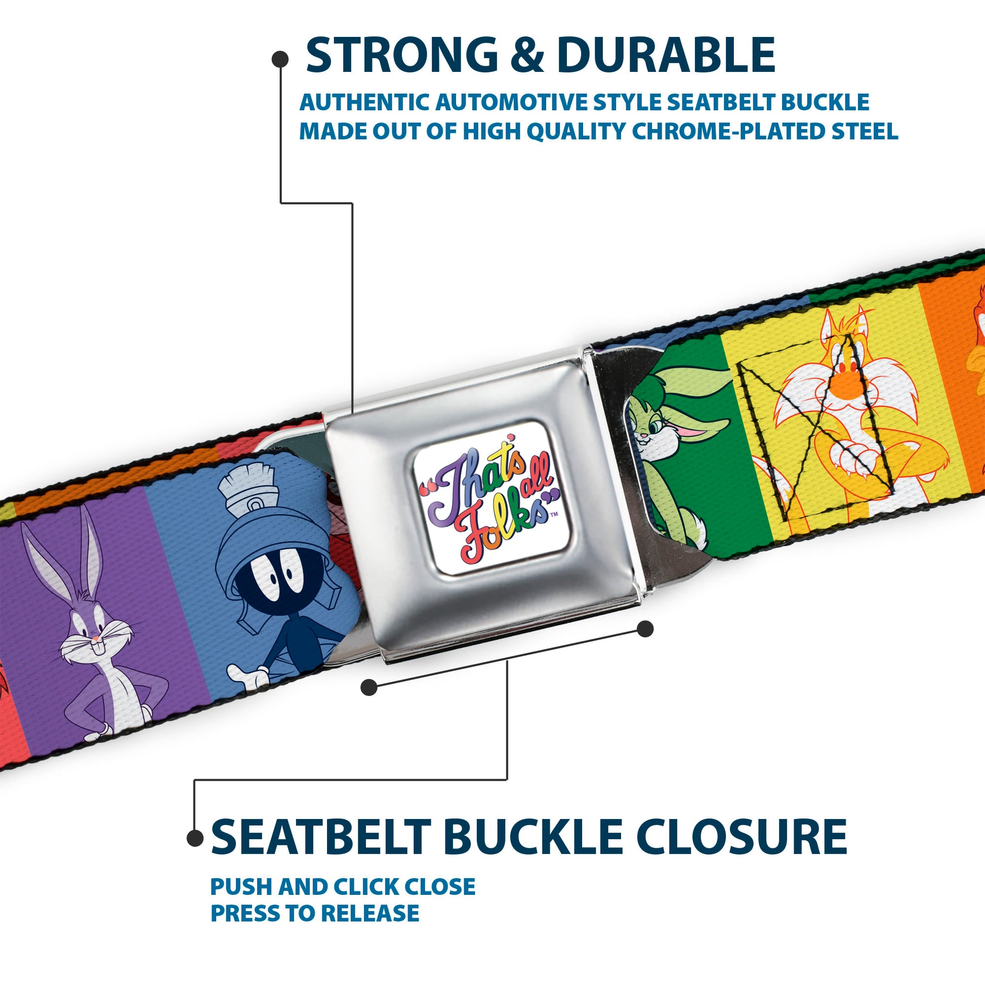Looney Tunes THAT'S ALL FOLKS Script Full Color White/Multi Color Seatbelt Belt - Looney Tunes 6-Character Pose Pride Blocks Multi Color Webbing Seatbelt Belts Looney Tunes