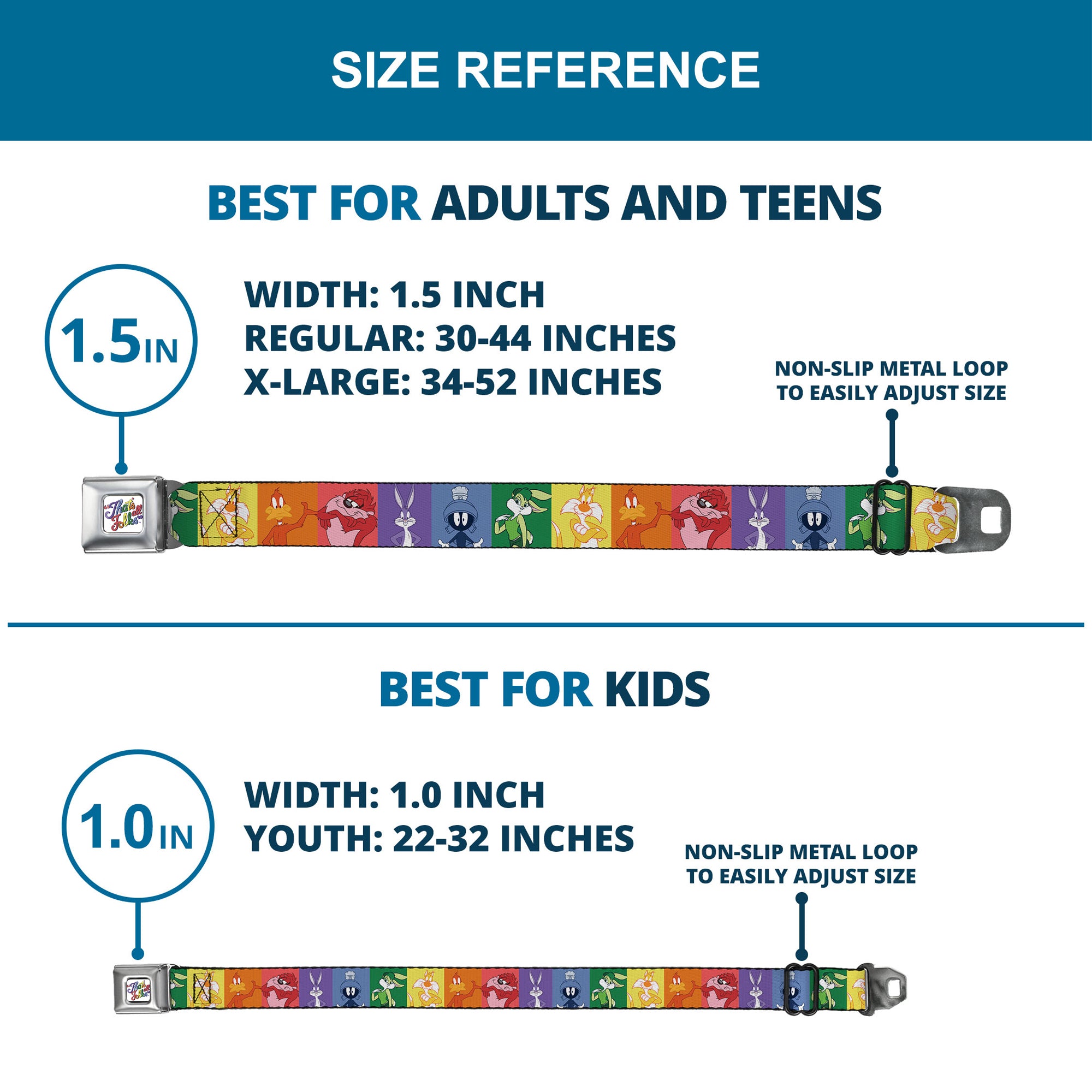 Looney Tunes THAT'S ALL FOLKS Script Full Color White/Multi Color Seatbelt Belt - Looney Tunes 6-Character Pose Pride Blocks Multi Color Webbing Seatbelt Belts Looney Tunes