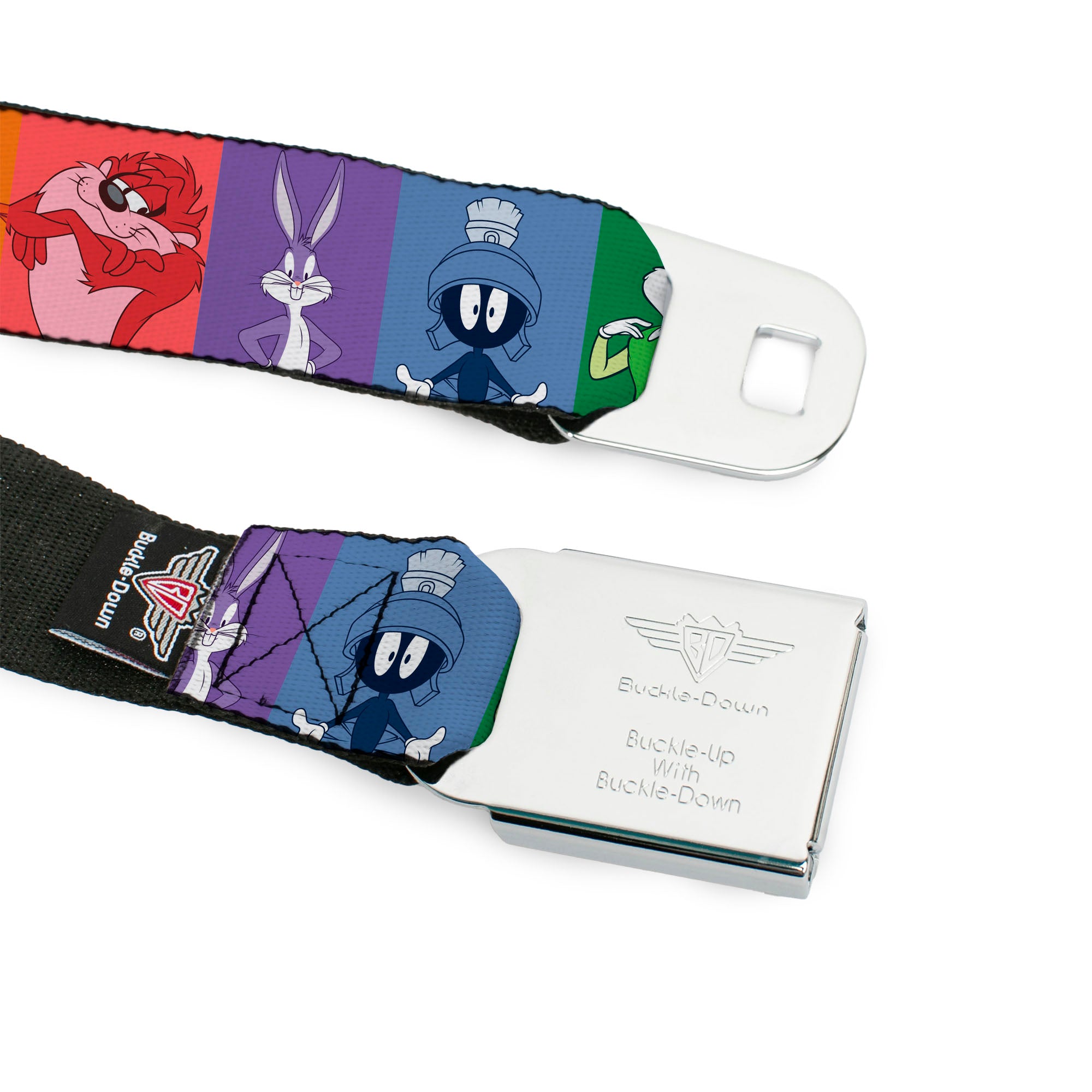 Looney Tunes THAT'S ALL FOLKS Script Full Color White/Multi Color Seatbelt Belt - Looney Tunes 6-Character Pose Pride Blocks Multi Color Webbing Seatbelt Belts Looney Tunes