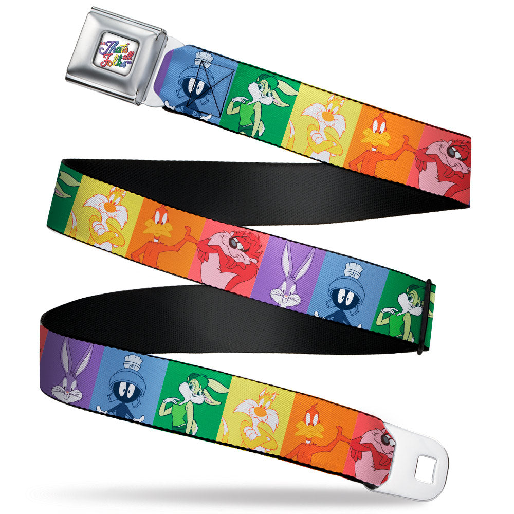 Looney Tunes THAT'S ALL FOLKS Script Full Color White/Multi Color Seatbelt Belt - Looney Tunes 6-Character Pose Pride Blocks Multi Color Webbing Seatbelt Belts Looney Tunes