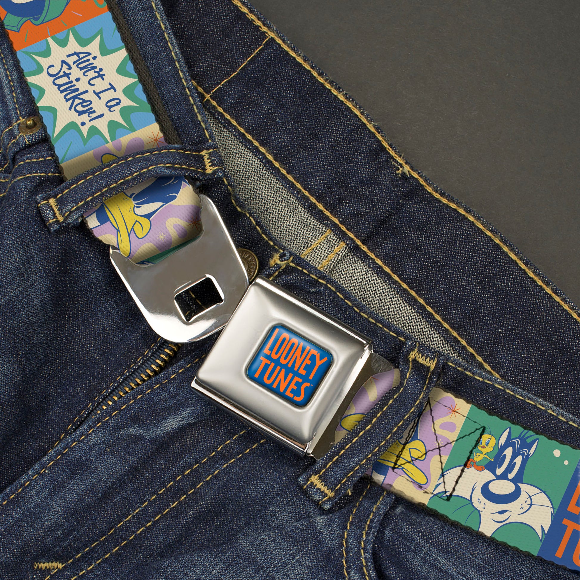 LOONEY TUNES Text Full Color Blue/Orange Seatbelt Belt - LOONEY TUNES Character Pose Block and Icon Blocks Multi Pastel Webbing Seatbelt Belts Looney Tunes