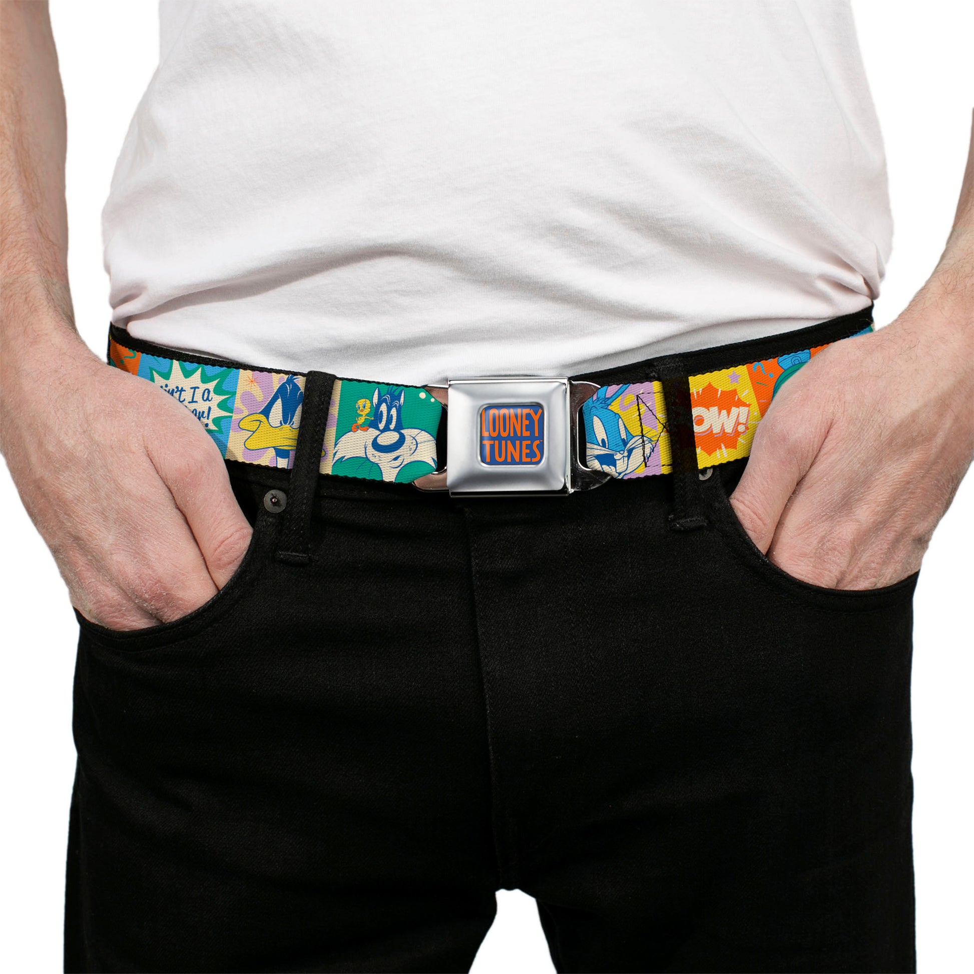 LOONEY TUNES Text Full Color Blue/Orange Seatbelt Belt - LOONEY TUNES Character Pose Block and Icon Blocks Multi Pastel Webbing Seatbelt Belts Looney Tunes