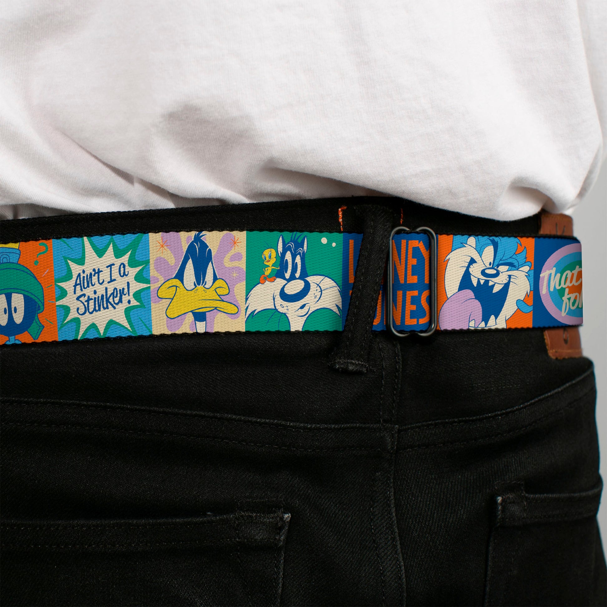 LOONEY TUNES Text Full Color Blue/Orange Seatbelt Belt - LOONEY TUNES Character Pose Block and Icon Blocks Multi Pastel Webbing Seatbelt Belts Looney Tunes