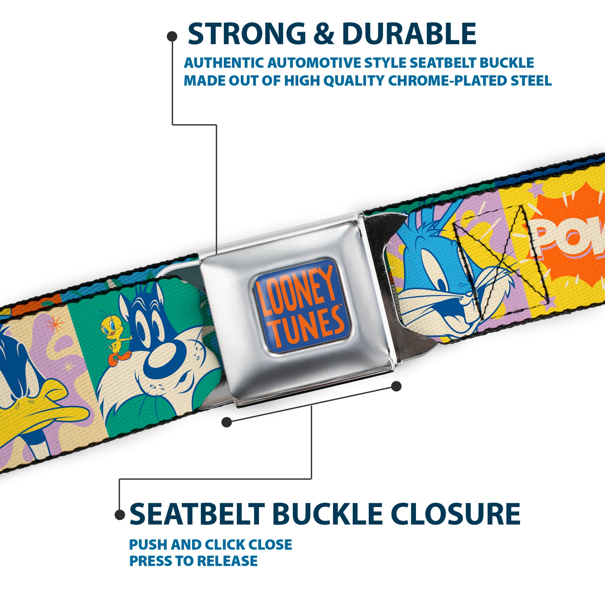 LOONEY TUNES Text Full Color Blue/Orange Seatbelt Belt - LOONEY TUNES Character Pose Block and Icon Blocks Multi Pastel Webbing Seatbelt Belts Looney Tunes