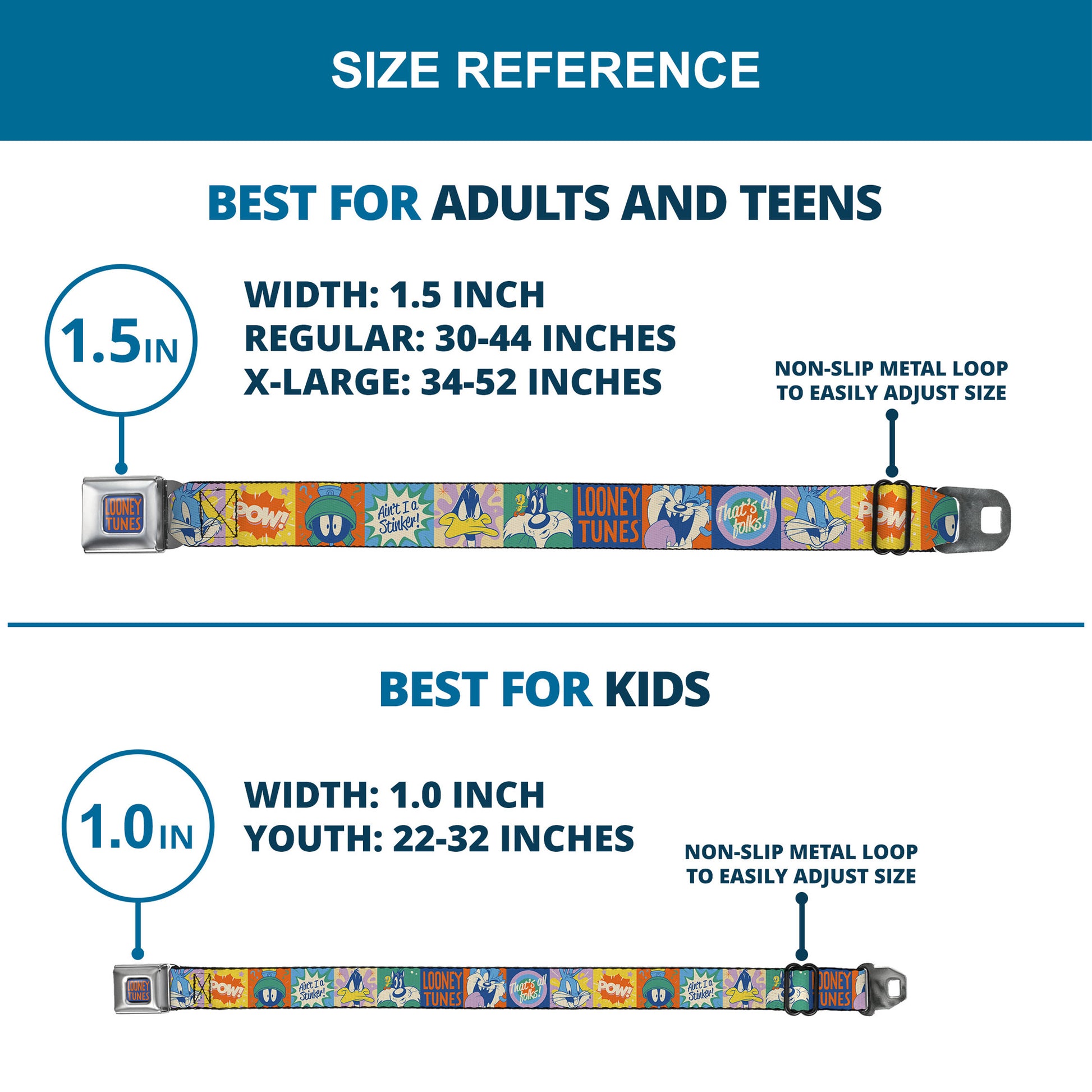 LOONEY TUNES Text Full Color Blue/Orange Seatbelt Belt - LOONEY TUNES Character Pose Block and Icon Blocks Multi Pastel Webbing Seatbelt Belts Looney Tunes