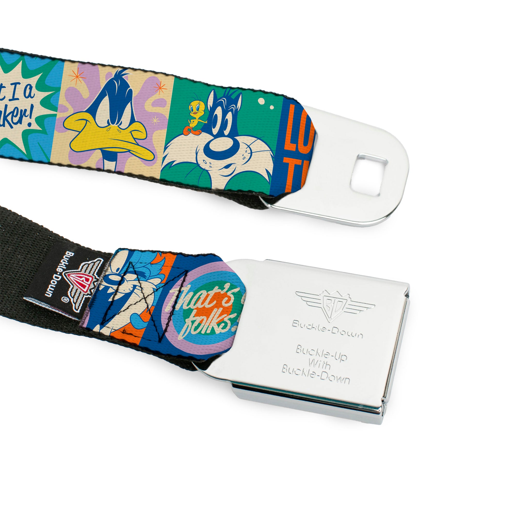 LOONEY TUNES Text Full Color Blue/Orange Seatbelt Belt - LOONEY TUNES Character Pose Block and Icon Blocks Multi Pastel Webbing Seatbelt Belts Looney Tunes