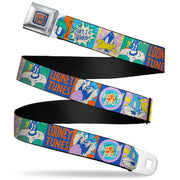 LOONEY TUNES Text Full Color Blue/Orange Seatbelt Belt - LOONEY TUNES Character Pose Block and Icon Blocks Multi Pastel Webbing Seatbelt Belts Looney Tunes