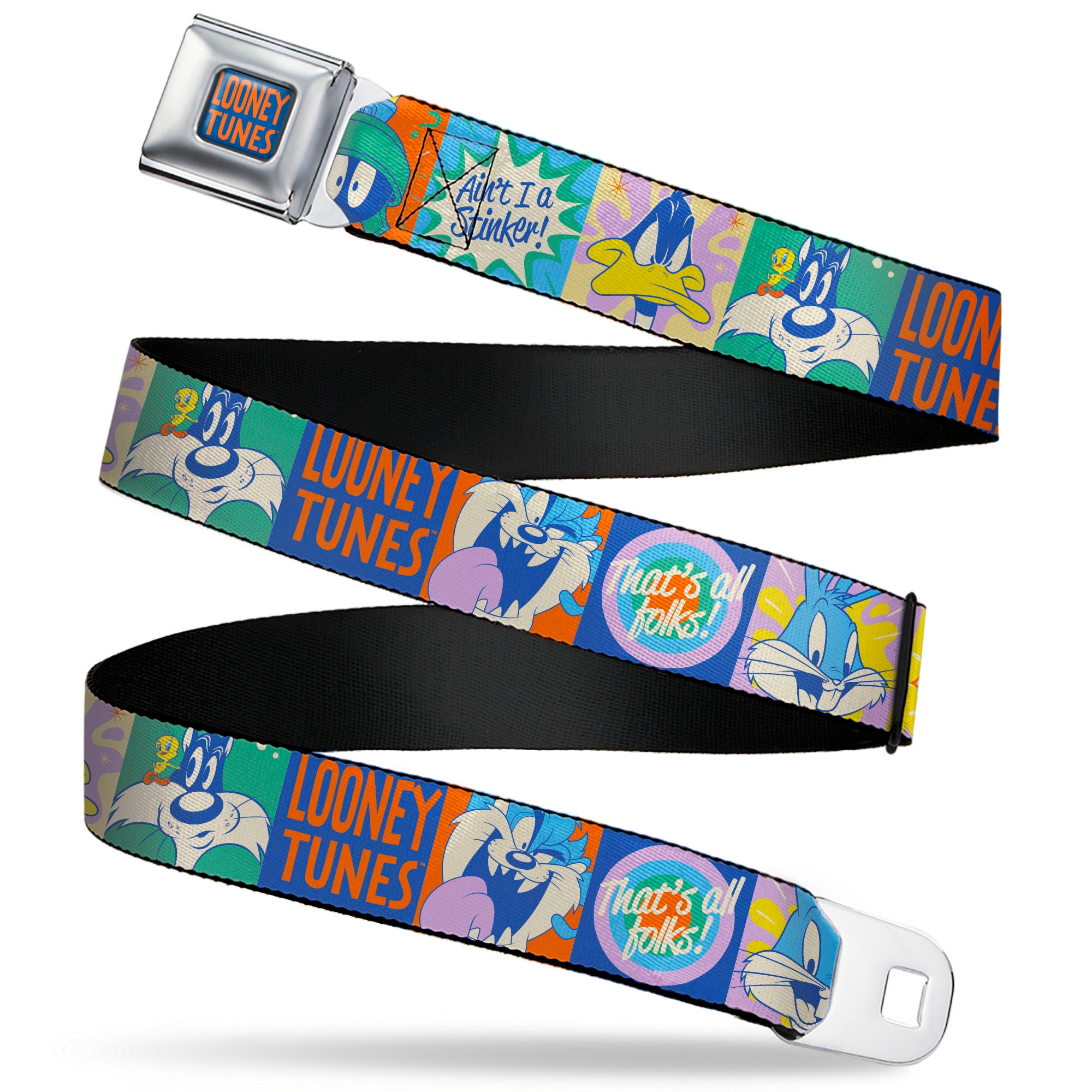 LOONEY TUNES Text Full Color Blue/Orange Seatbelt Belt - LOONEY TUNES Character Pose Block and Icon Blocks Multi Pastel Webbing Seatbelt Belts Looney Tunes