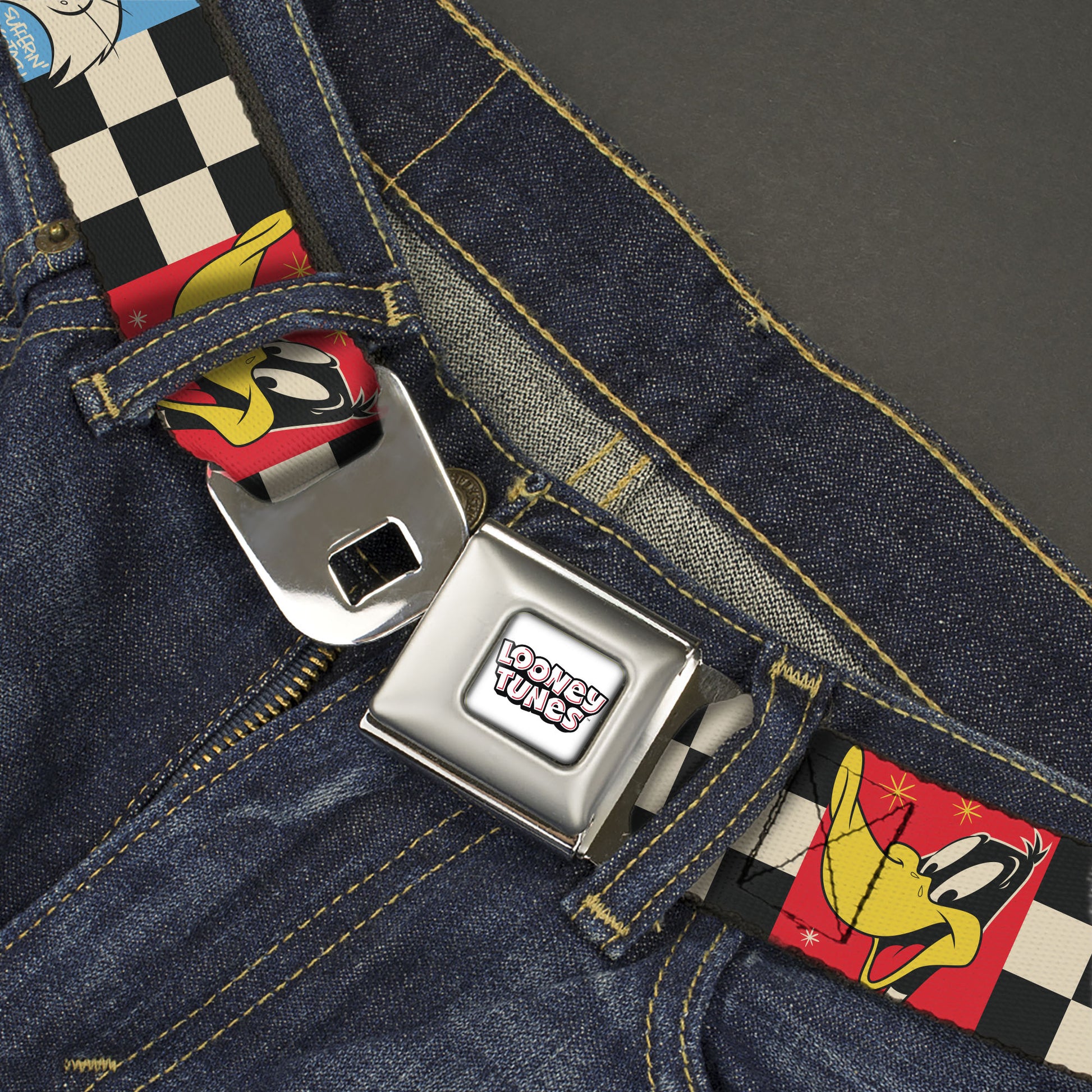 LOONEY TUNES Title Text Logo Full Color White/Black/Red Seatbelt Belt - Looney Tunes Checker Pose Blocks Black/White/Multi Color Webbing Seatbelt Belts Looney Tunes