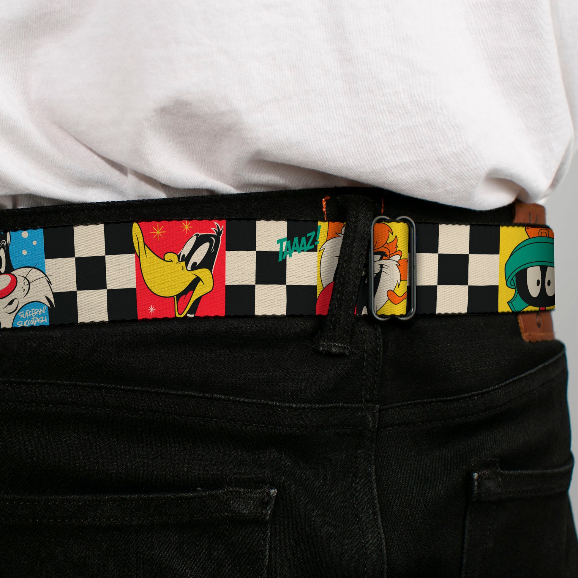 LOONEY TUNES Title Text Logo Full Color White/Black/Red Seatbelt Belt - Looney Tunes Checker Pose Blocks Black/White/Multi Color Webbing Seatbelt Belts Looney Tunes