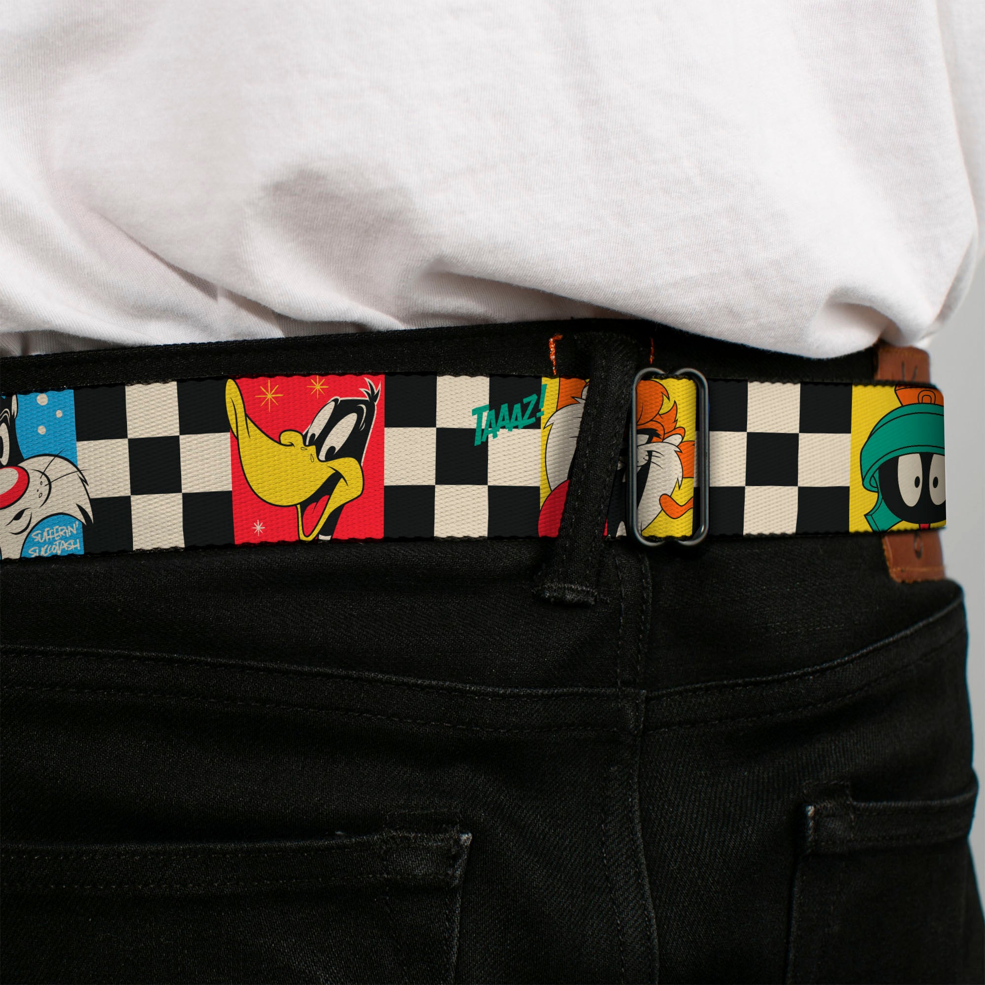 LOONEY TUNES Title Text Logo Full Color White/Black/Red Seatbelt Belt - Looney Tunes Checker Pose Blocks Black/White/Multi Color Webbing Seatbelt Belts Looney Tunes