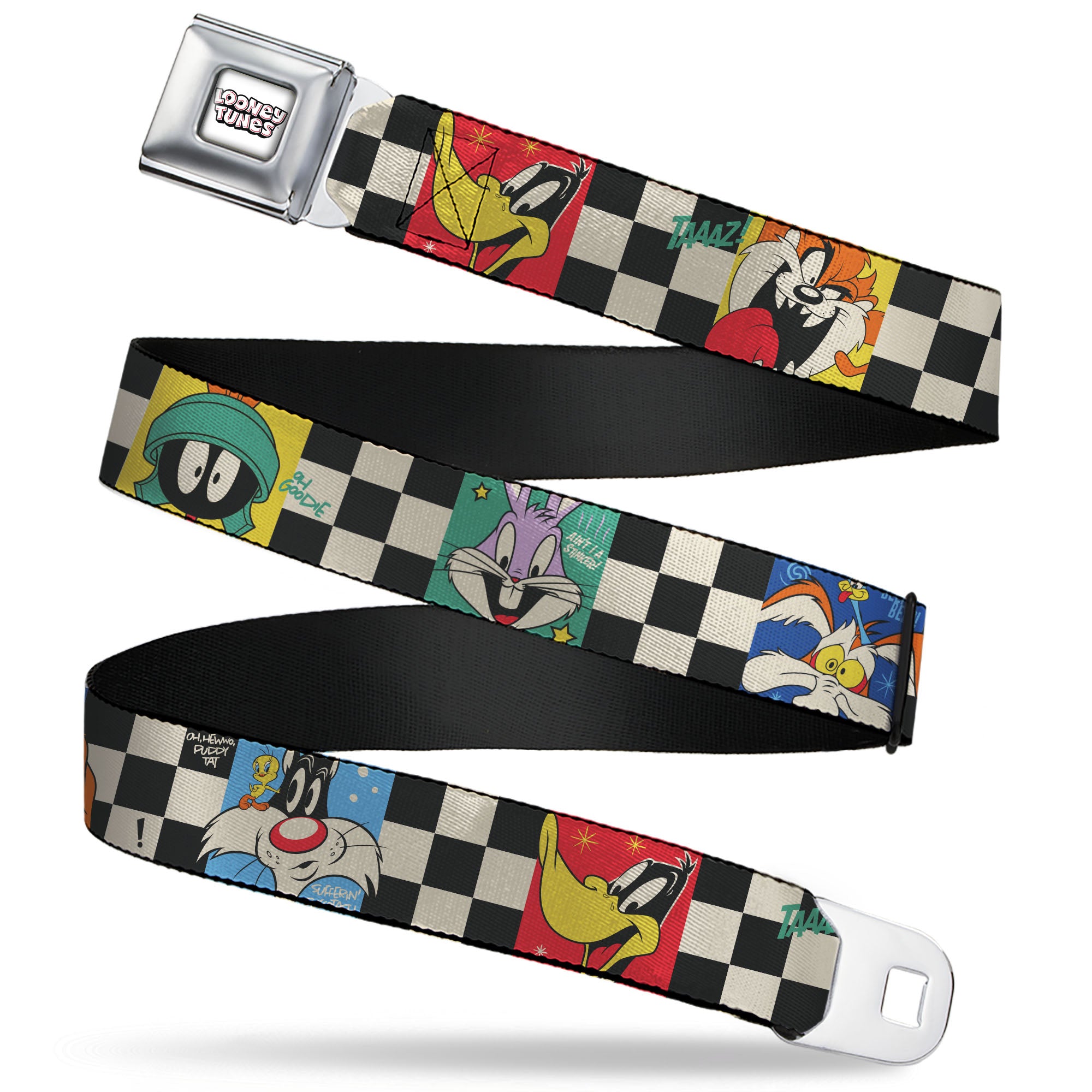 LOONEY TUNES Title Text Logo Full Color White/Black/Red Seatbelt Belt - Looney Tunes Checker Pose Blocks Black/White/Multi Color Webbing Seatbelt Belts Looney Tunes