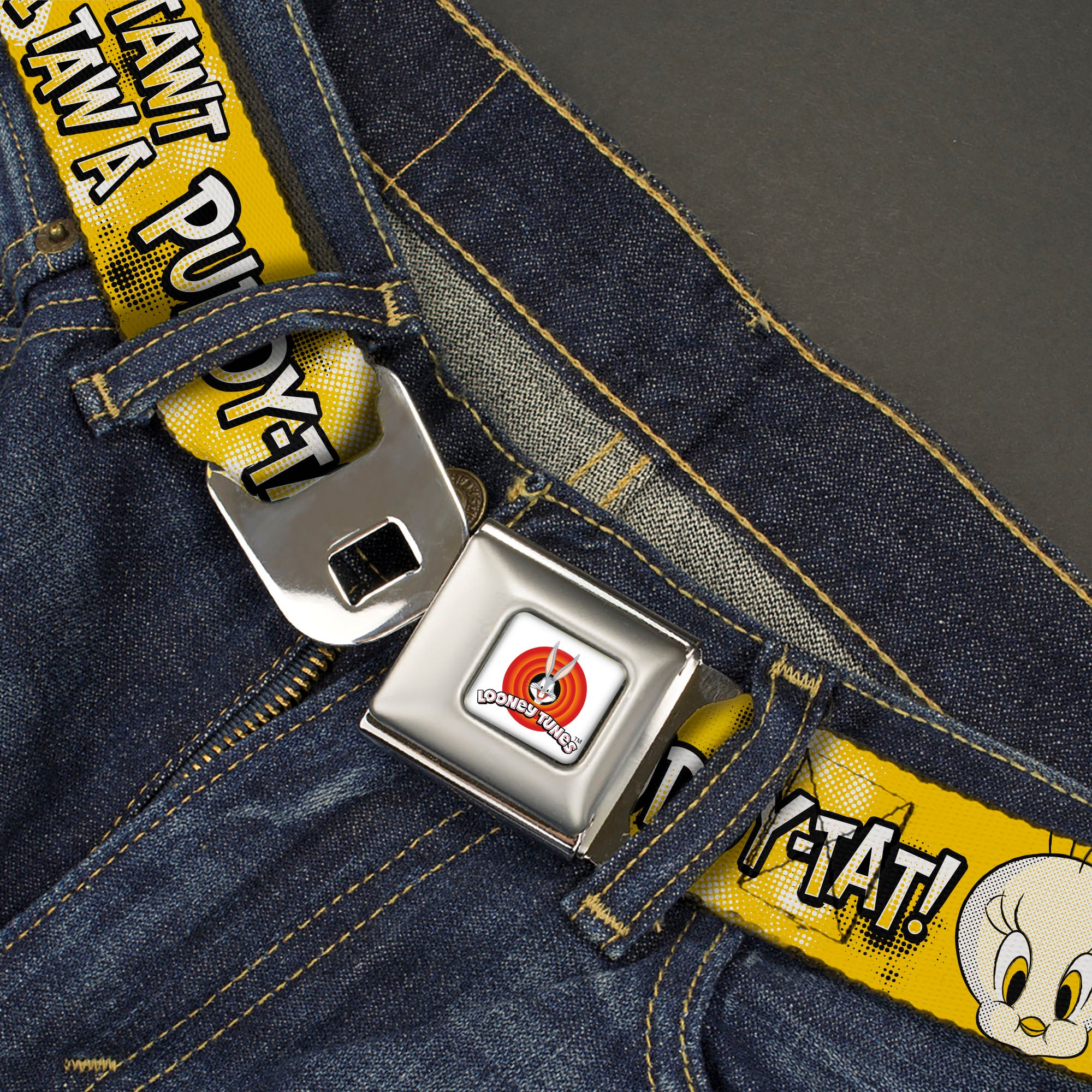 LOONEY TUNES Bullseye Title Logo Full Color White Seatbelt Belt - Looney Tunes Tweety I TAWT I TAW A PUDDY-TAT Expression Yellows Webbing Seatbelt Belts Looney Tunes