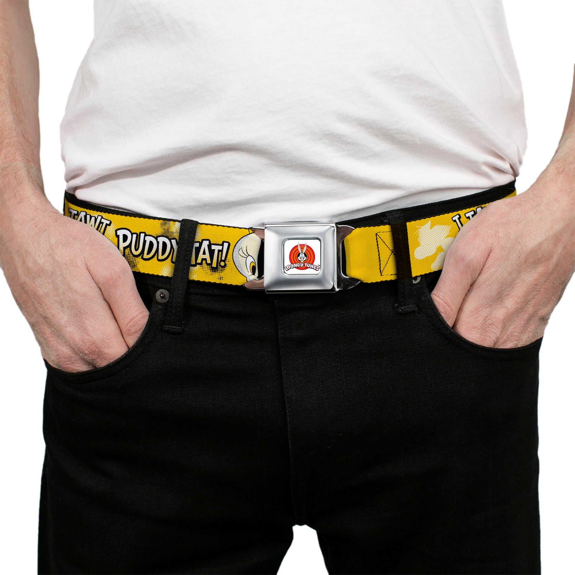 LOONEY TUNES Bullseye Title Logo Full Color White Seatbelt Belt - Looney Tunes Tweety I TAWT I TAW A PUDDY-TAT Expression Yellows Webbing Seatbelt Belts Looney Tunes