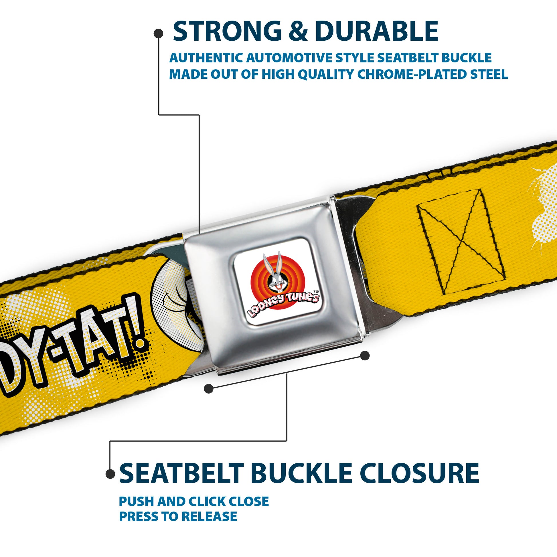 LOONEY TUNES Bullseye Title Logo Full Color White Seatbelt Belt - Looney Tunes Tweety I TAWT I TAW A PUDDY-TAT Expression Yellows Webbing Seatbelt Belts Looney Tunes