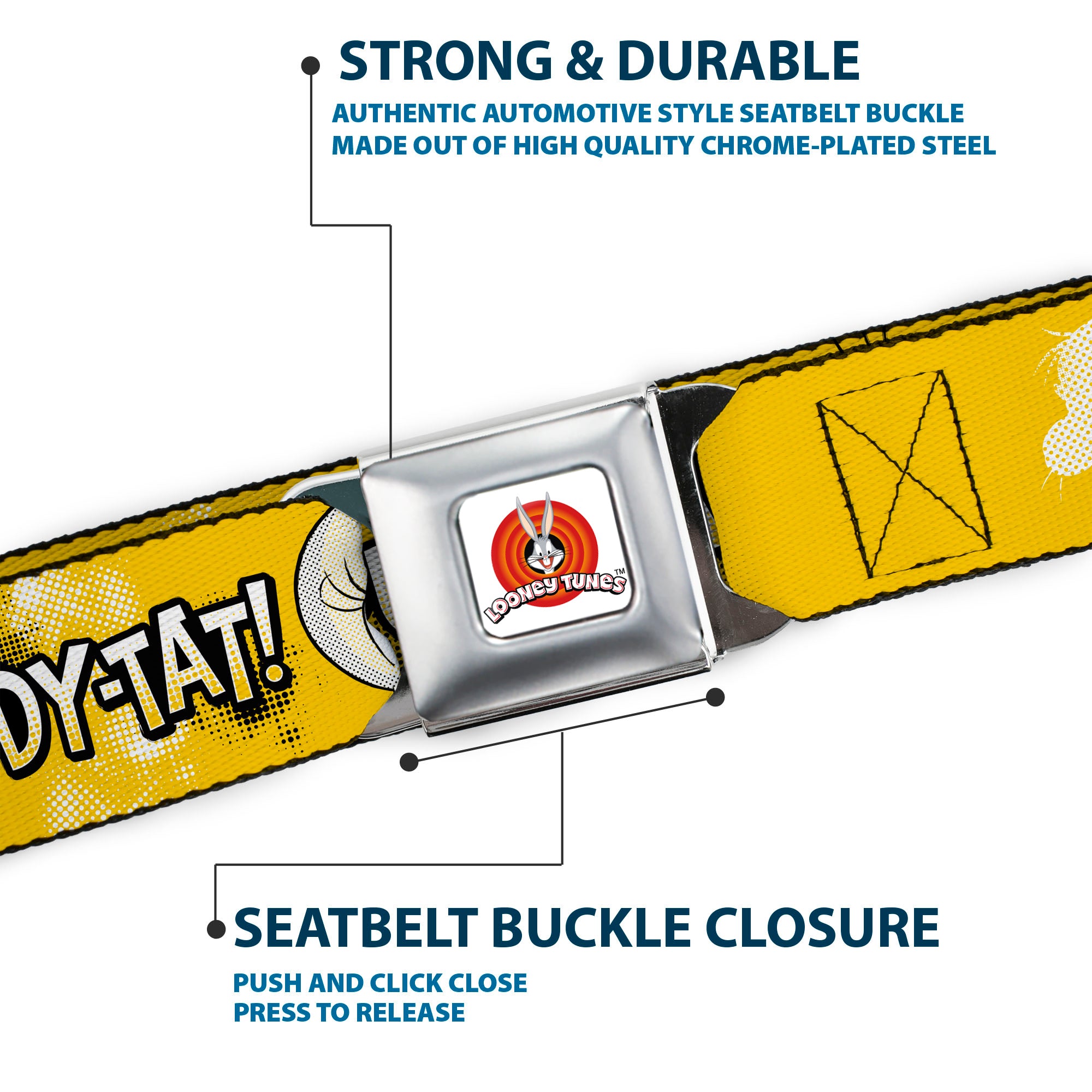 LOONEY TUNES Bullseye Title Logo Full Color White Seatbelt Belt - Looney Tunes Tweety I TAWT I TAW A PUDDY-TAT Expression Yellows Webbing Seatbelt Belts Looney Tunes