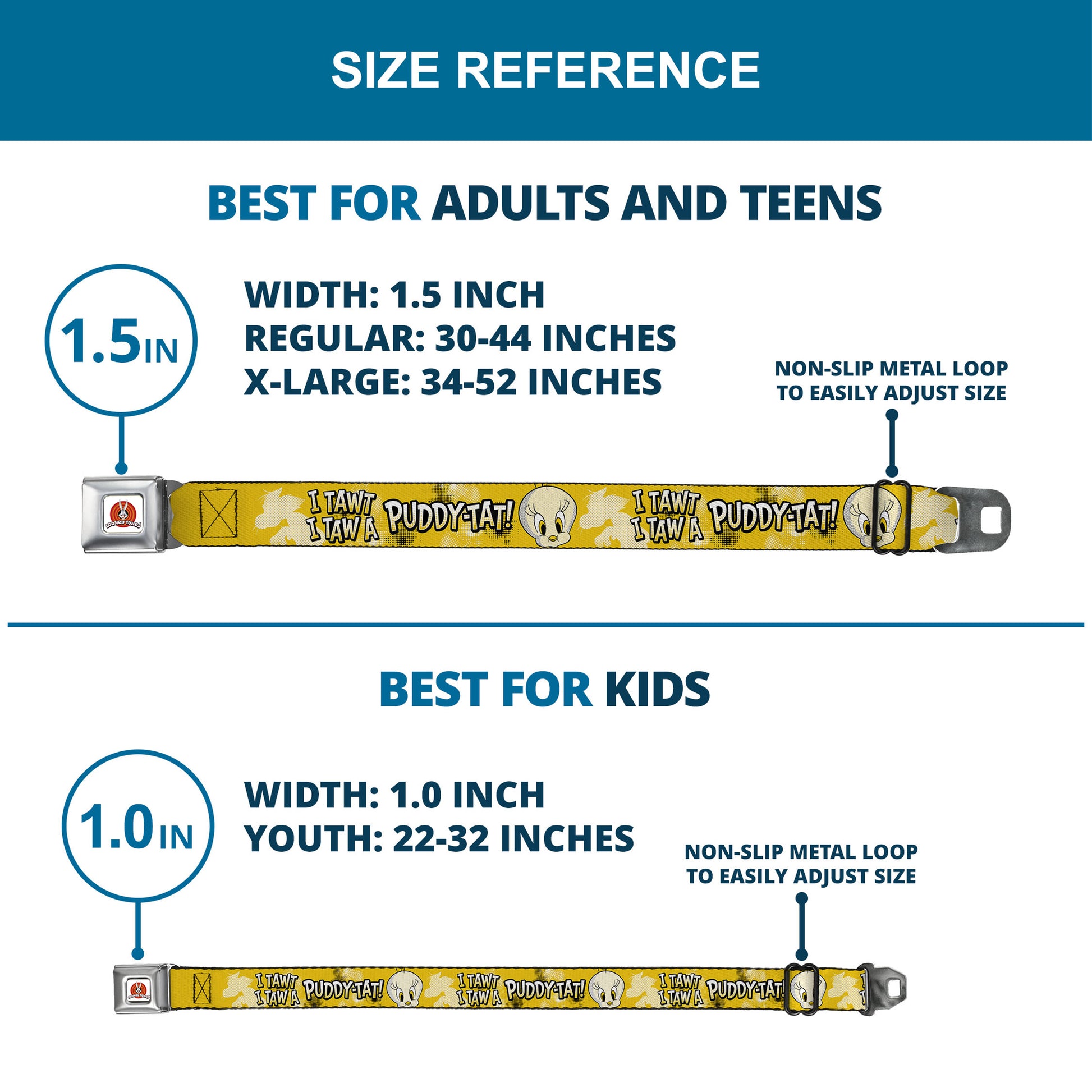 LOONEY TUNES Bullseye Title Logo Full Color White Seatbelt Belt - Looney Tunes Tweety I TAWT I TAW A PUDDY-TAT Expression Yellows Webbing Seatbelt Belts Looney Tunes