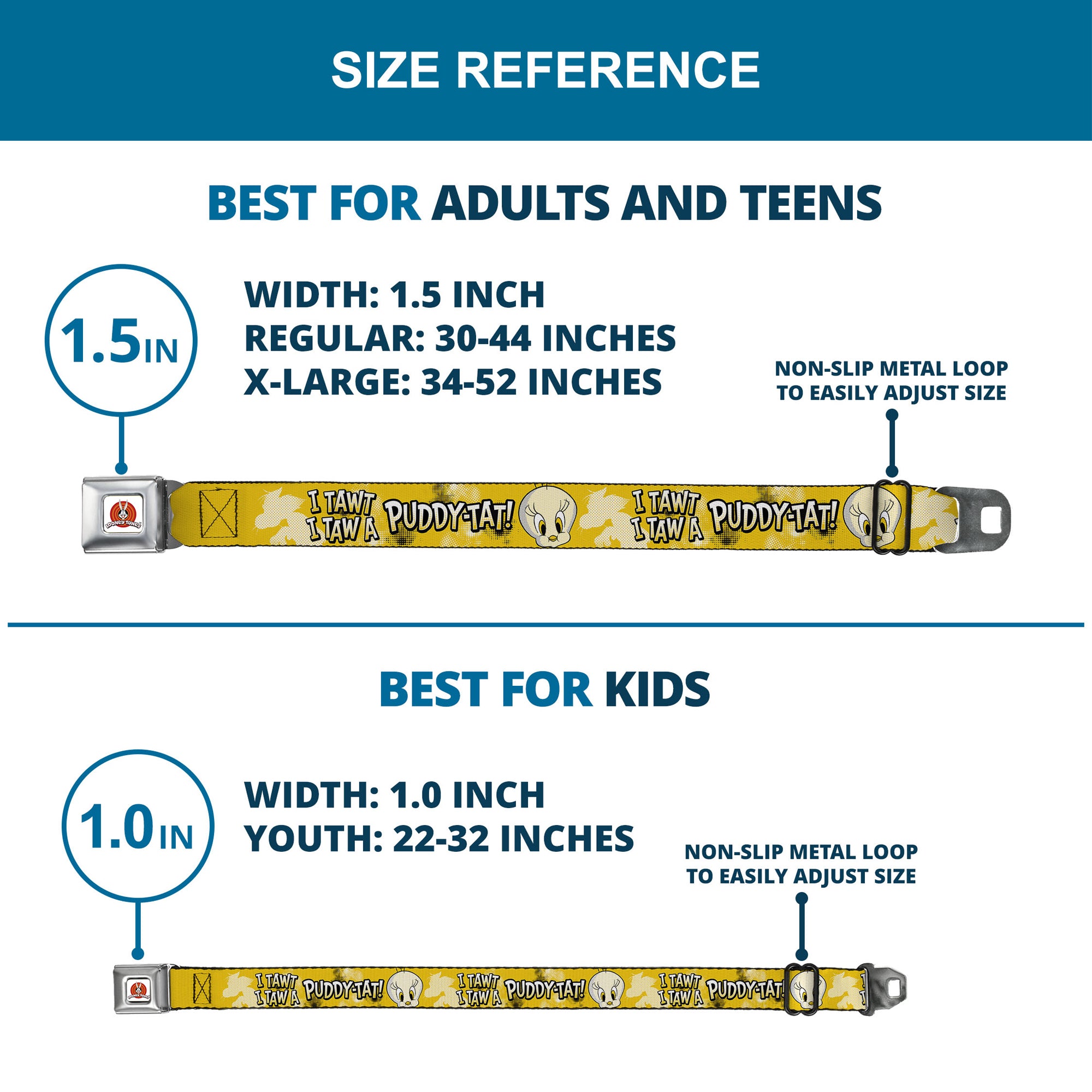 LOONEY TUNES Bullseye Title Logo Full Color White Seatbelt Belt - Looney Tunes Tweety I TAWT I TAW A PUDDY-TAT Expression Yellows Webbing Seatbelt Belts Looney Tunes
