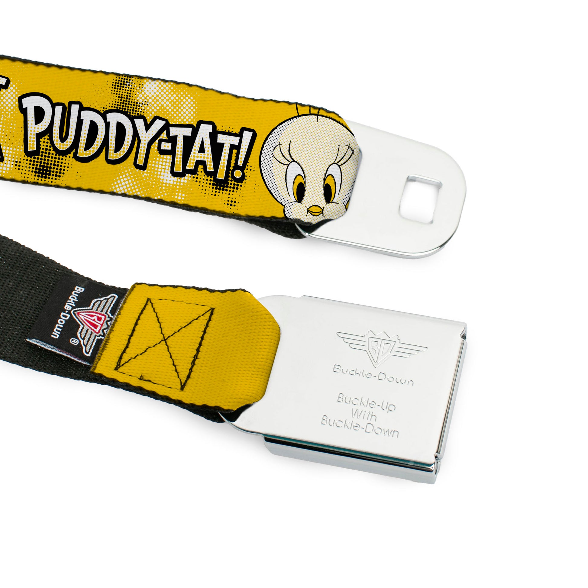 LOONEY TUNES Bullseye Title Logo Full Color White Seatbelt Belt - Looney Tunes Tweety I TAWT I TAW A PUDDY-TAT Expression Yellows Webbing Seatbelt Belts Looney Tunes