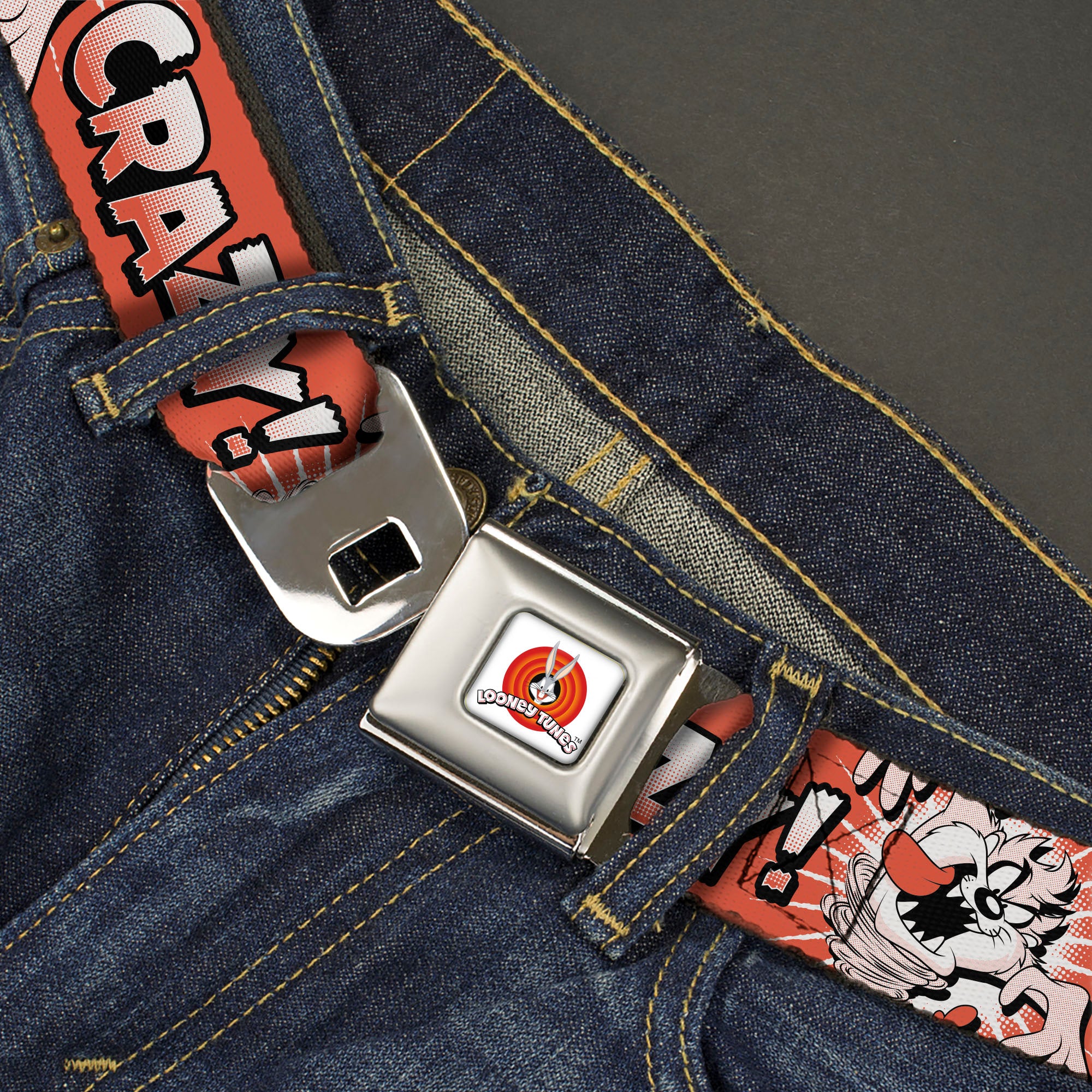 LOONEY TUNES Bullseye Title Logo Full Color White Seatbelt Belt - Looney Tunes Taz Tasmanian Devil LET'S GO CRAZY Pose Reds Webbing Seatbelt Belts Looney Tunes