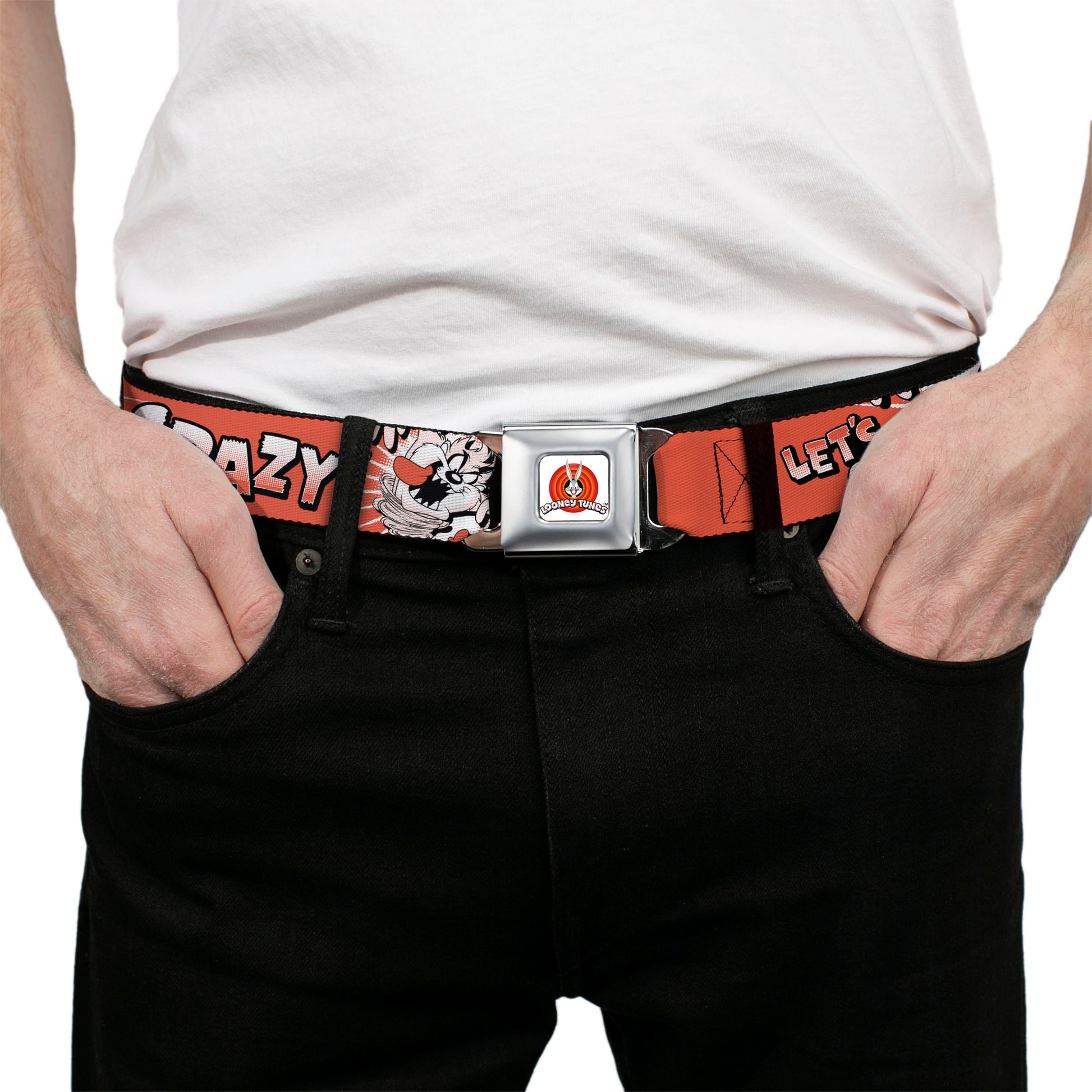 LOONEY TUNES Bullseye Title Logo Full Color White Seatbelt Belt - Looney Tunes Taz Tasmanian Devil LET'S GO CRAZY Pose Reds Webbing Seatbelt Belts Looney Tunes