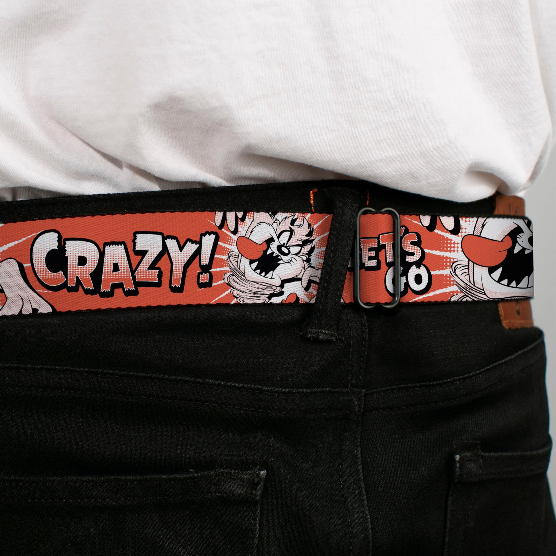LOONEY TUNES Bullseye Title Logo Full Color White Seatbelt Belt - Looney Tunes Taz Tasmanian Devil LET'S GO CRAZY Pose Reds Webbing Seatbelt Belts Looney Tunes