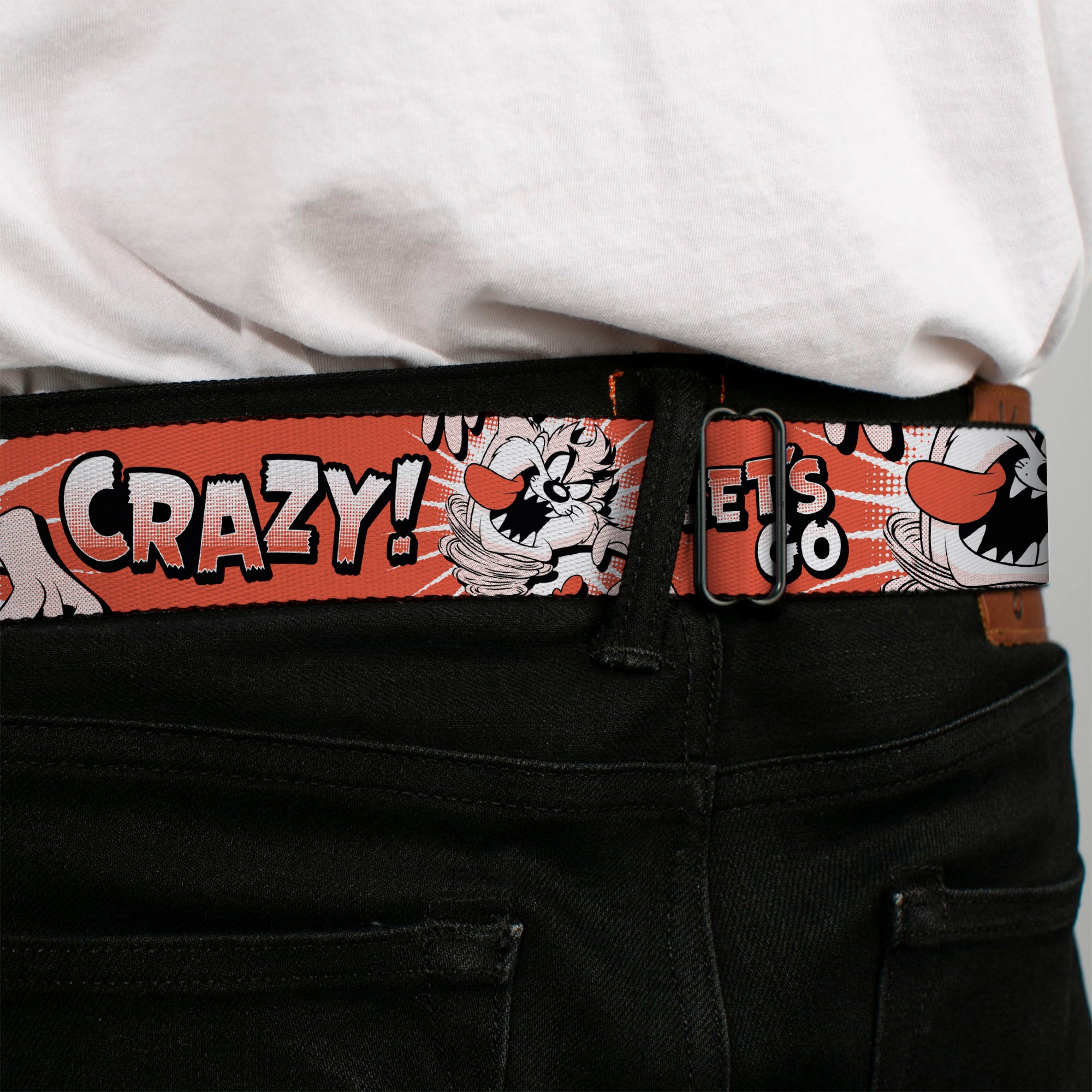 LOONEY TUNES Bullseye Title Logo Full Color White Seatbelt Belt - Looney Tunes Taz Tasmanian Devil LET'S GO CRAZY Pose Reds Webbing Seatbelt Belts Looney Tunes