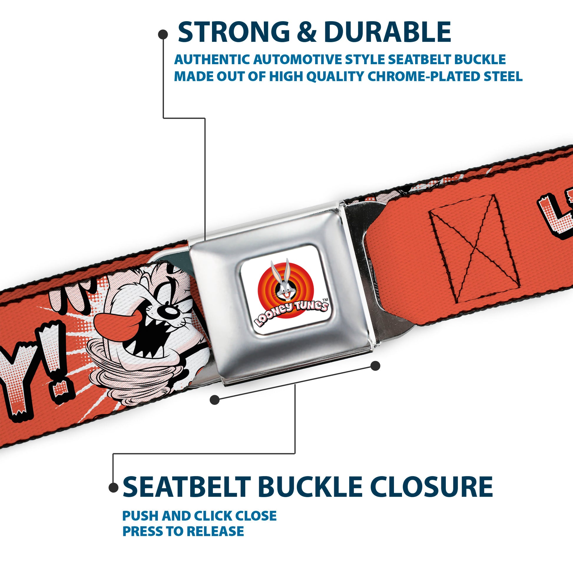LOONEY TUNES Bullseye Title Logo Full Color White Seatbelt Belt - Looney Tunes Taz Tasmanian Devil LET'S GO CRAZY Pose Reds Webbing Seatbelt Belts Looney Tunes