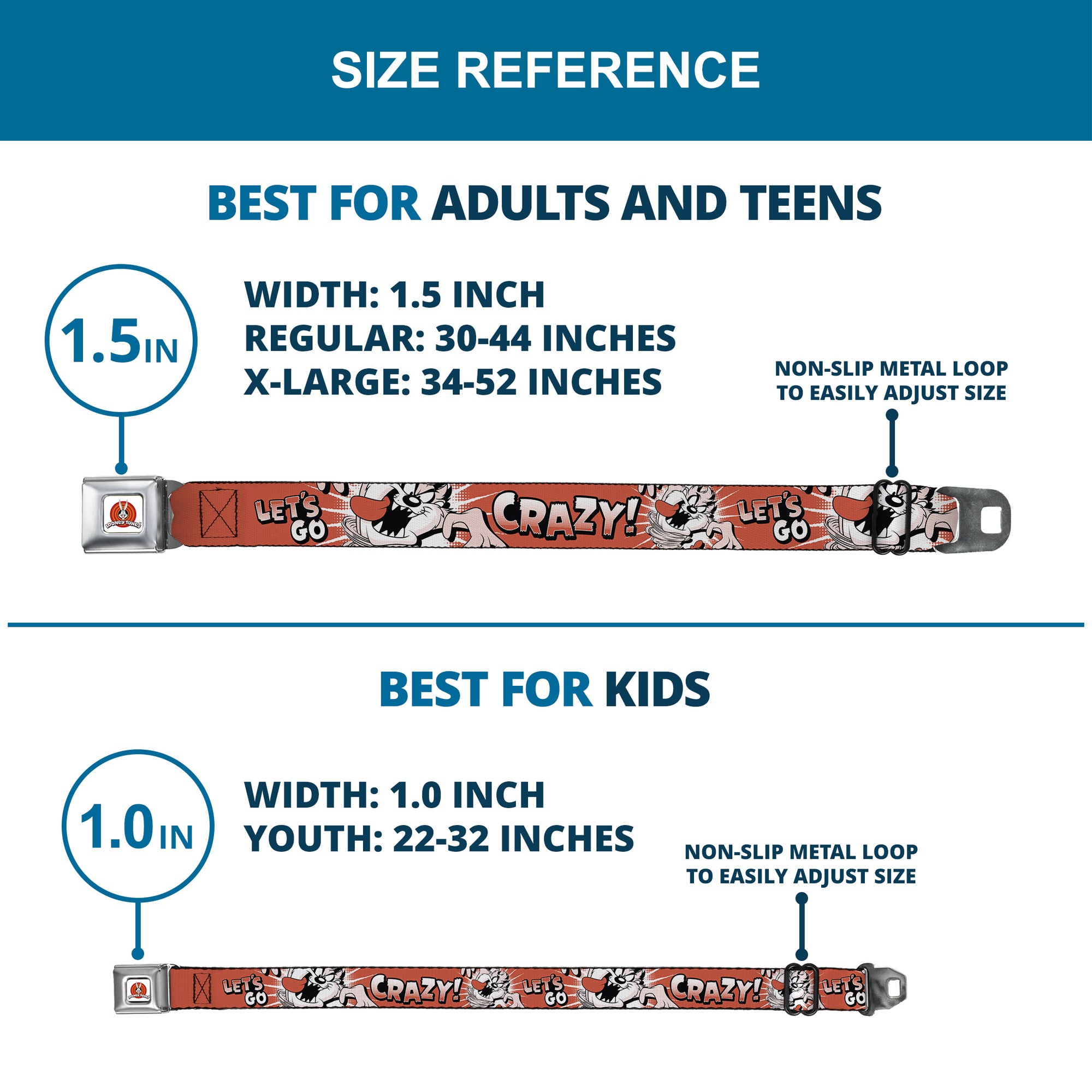 LOONEY TUNES Bullseye Title Logo Full Color White Seatbelt Belt - Looney Tunes Taz Tasmanian Devil LET'S GO CRAZY Pose Reds Webbing Seatbelt Belts Looney Tunes