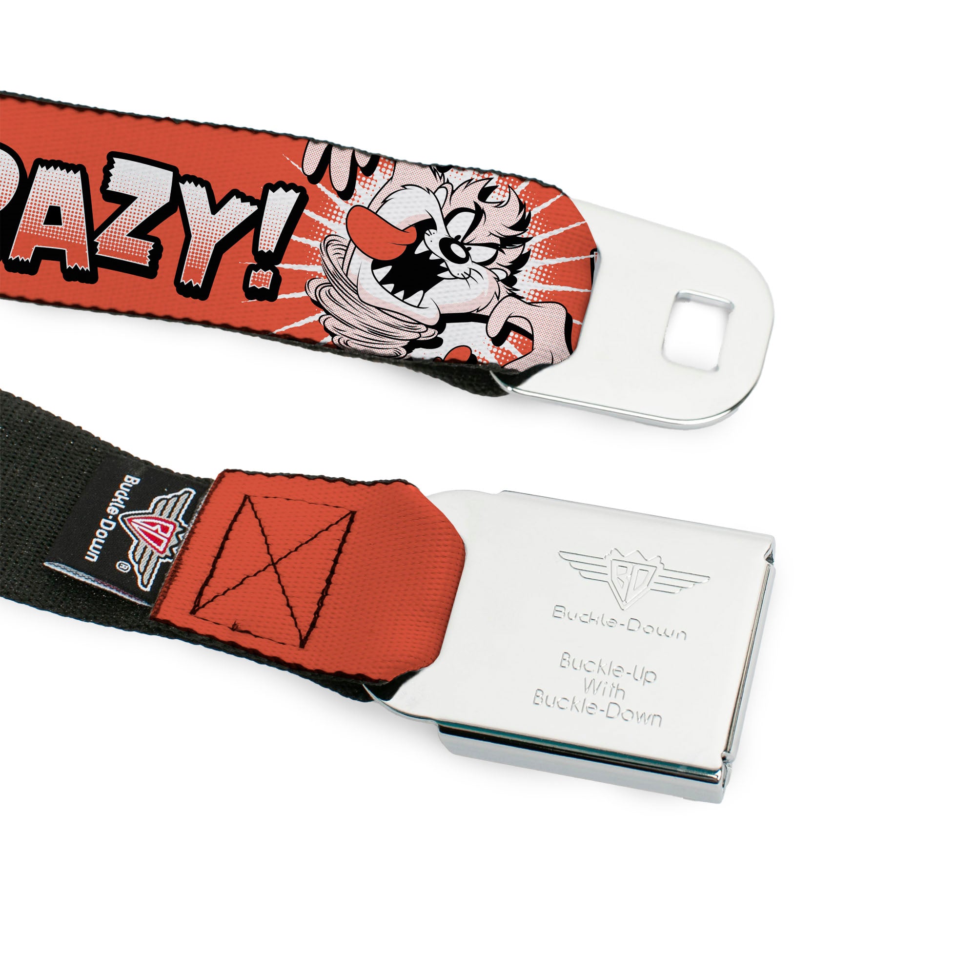 LOONEY TUNES Bullseye Title Logo Full Color White Seatbelt Belt - Looney Tunes Taz Tasmanian Devil LET'S GO CRAZY Pose Reds Webbing Seatbelt Belts Looney Tunes