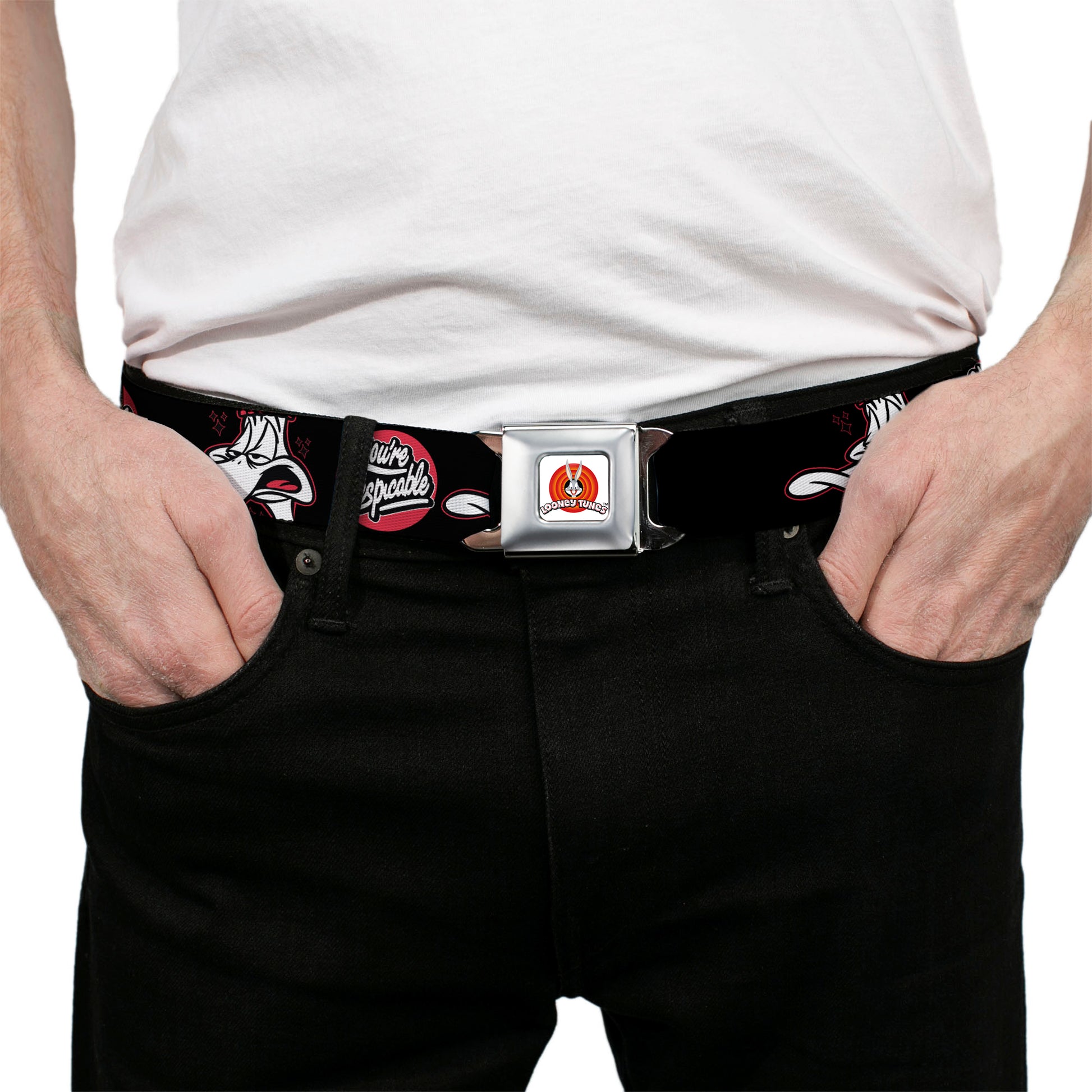 LOONEY TUNES Bullseye Title Logo Full Color White Seatbelt Belt - Looney Tunes Daffy Duck YOU'RE DESPICABLE Expression Black Webbing Seatbelt Belts Looney Tunes