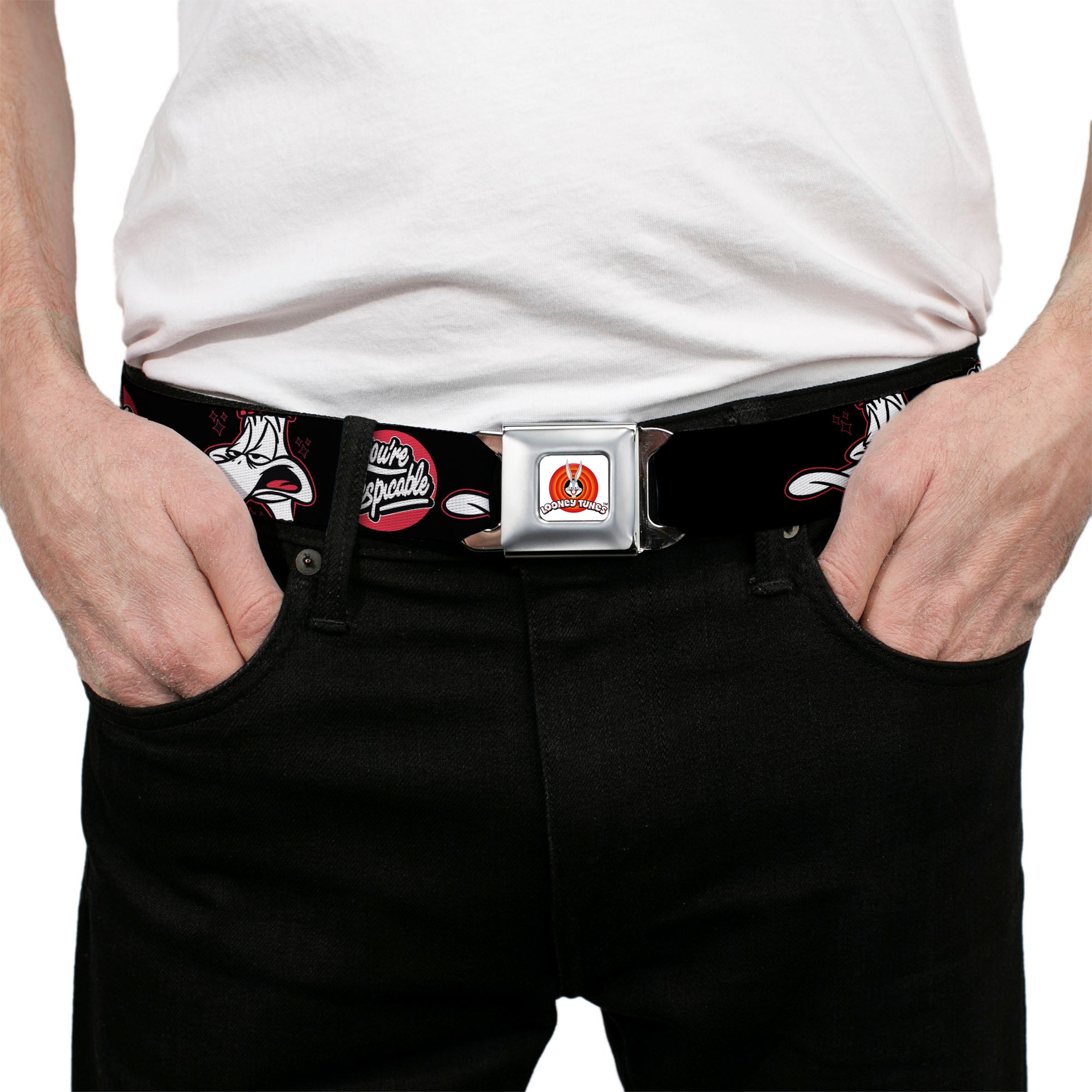 LOONEY TUNES Bullseye Title Logo Full Color White Seatbelt Belt - Looney Tunes Daffy Duck YOU'RE DESPICABLE Expression Black Webbing Seatbelt Belts Looney Tunes