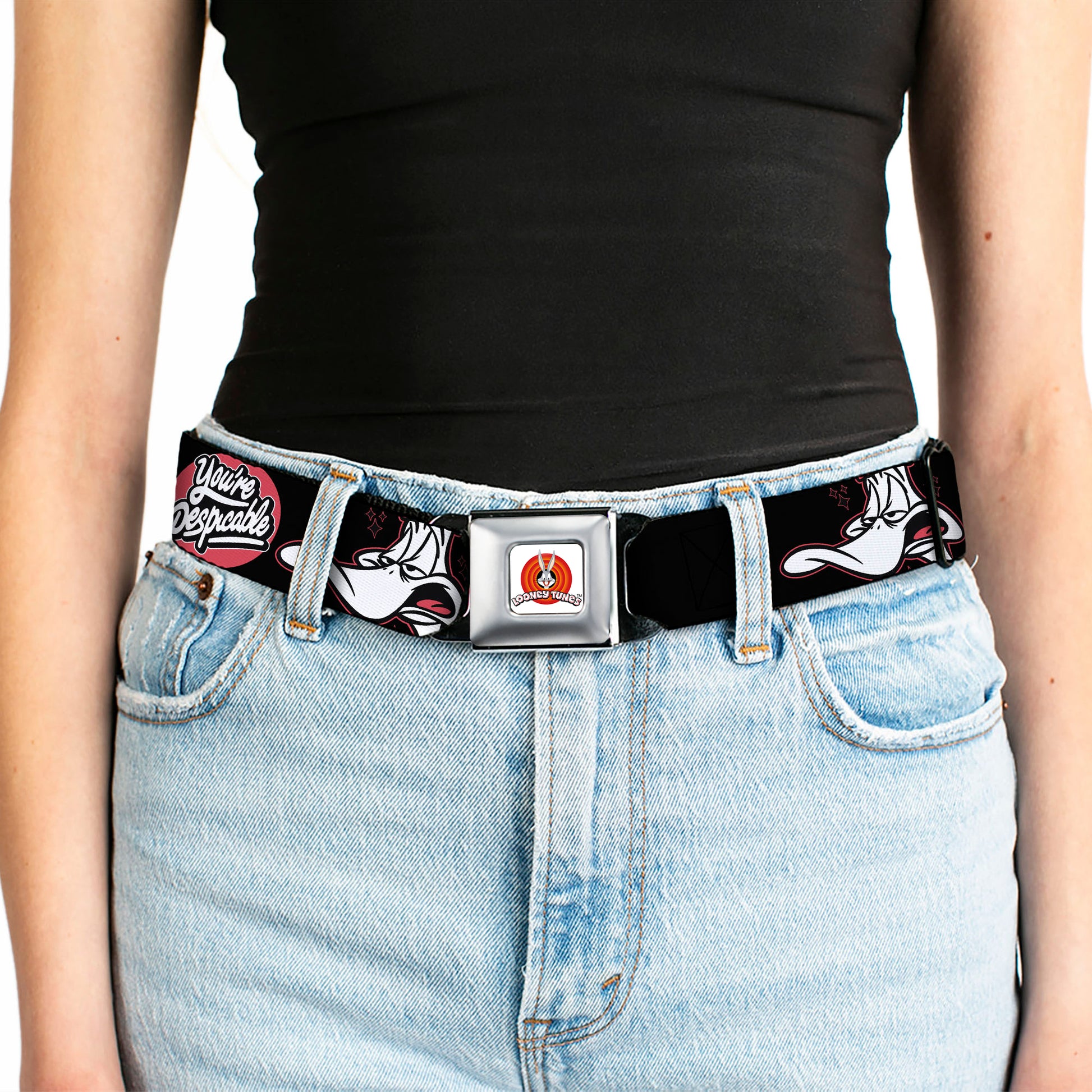 LOONEY TUNES Bullseye Title Logo Full Color White Seatbelt Belt - Looney Tunes Daffy Duck YOU'RE DESPICABLE Expression Black Webbing Seatbelt Belts Looney Tunes