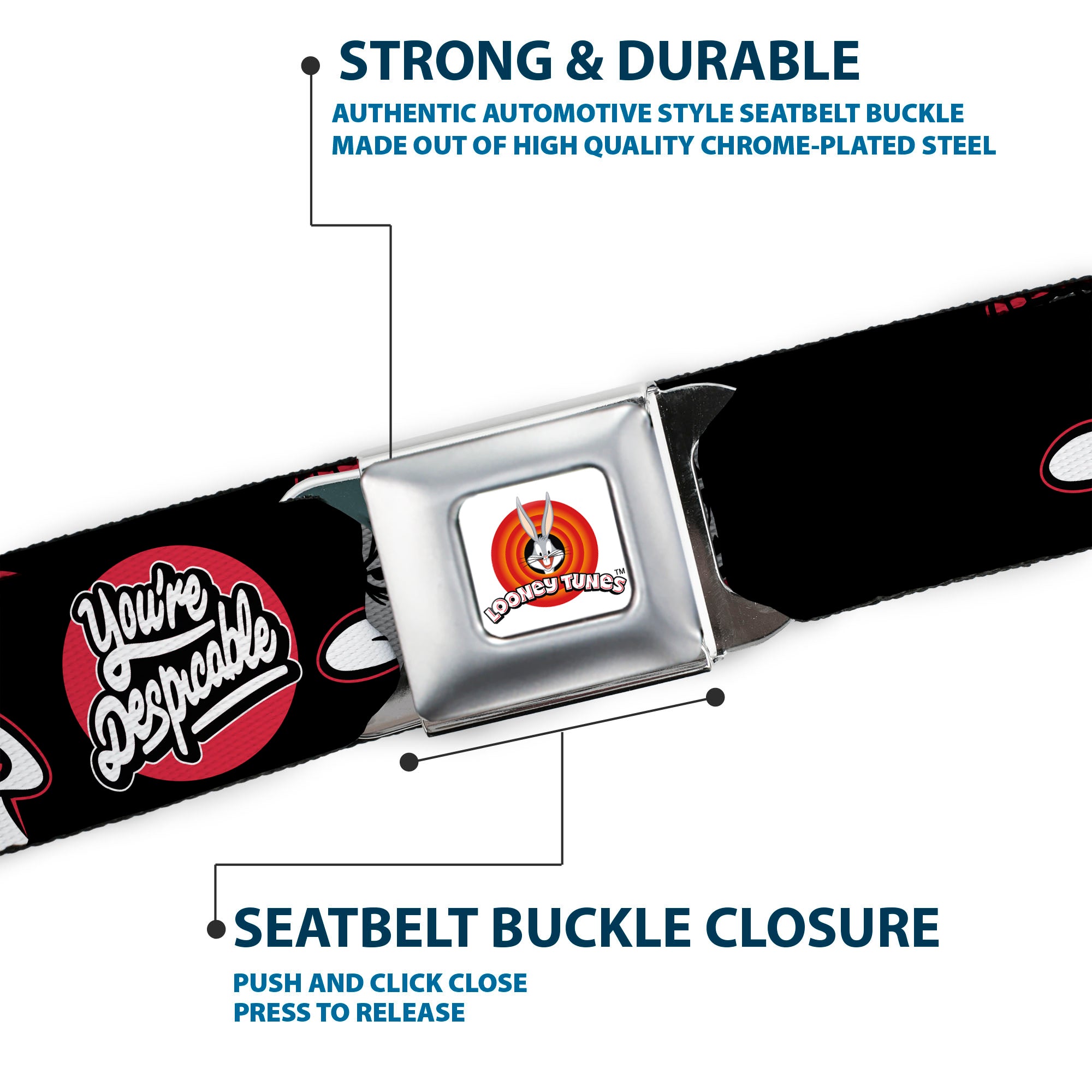 LOONEY TUNES Bullseye Title Logo Full Color White Seatbelt Belt - Looney Tunes Daffy Duck YOU'RE DESPICABLE Expression Black Webbing Seatbelt Belts Looney Tunes